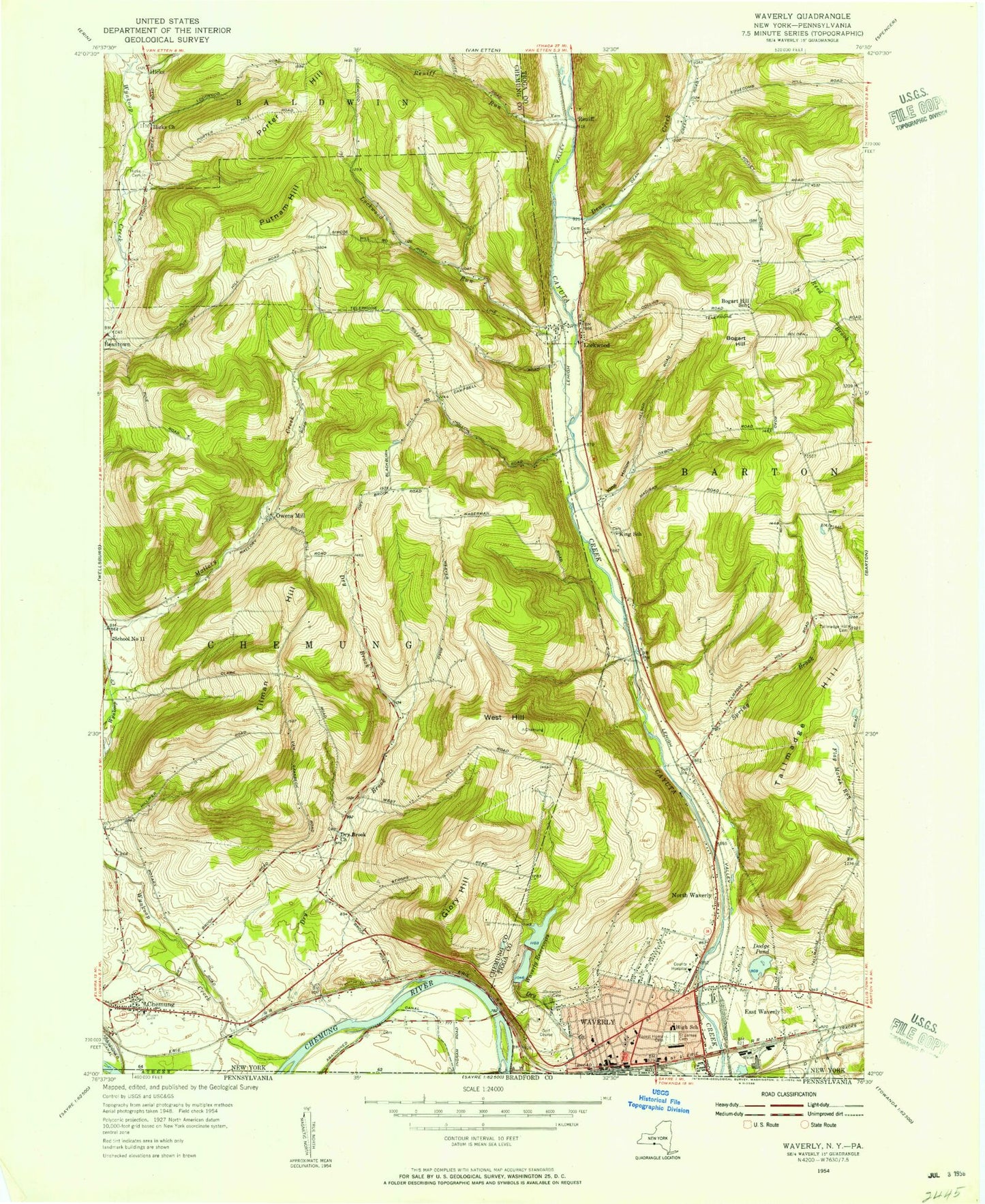 Classic USGS Waverly New York 7.5'x7.5' Topo Map Image