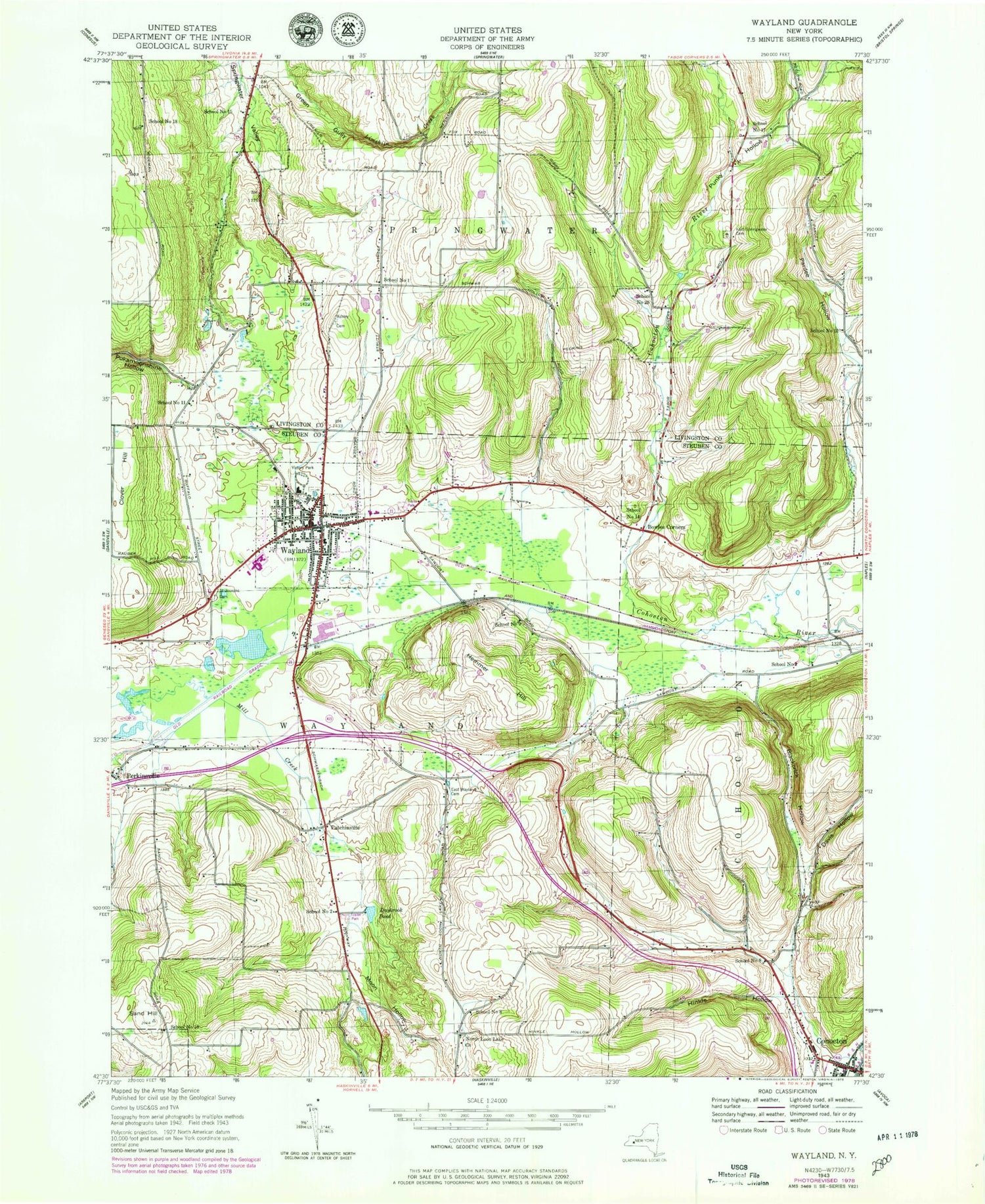 Classic USGS Wayland New York 7.5'x7.5' Topo Map Image