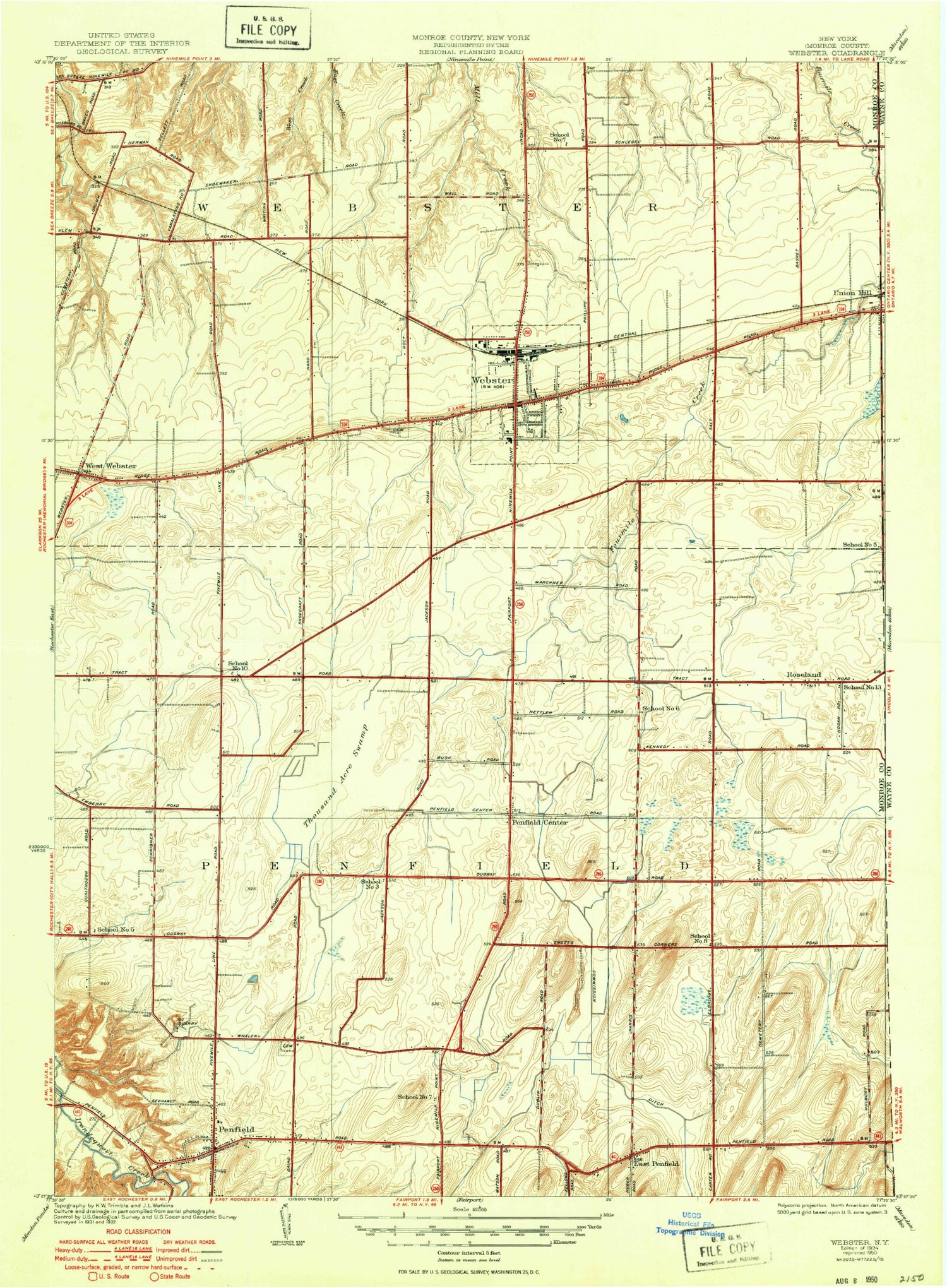 Classic USGS Webster New York 7.5'x7.5' Topo Map Image