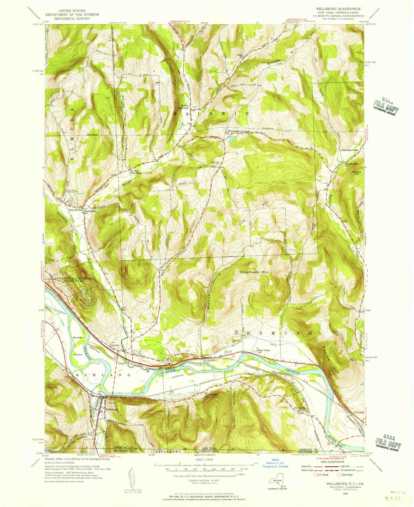 Classic USGS Wellsburg New York 7.5'x7.5' Topo Map Image