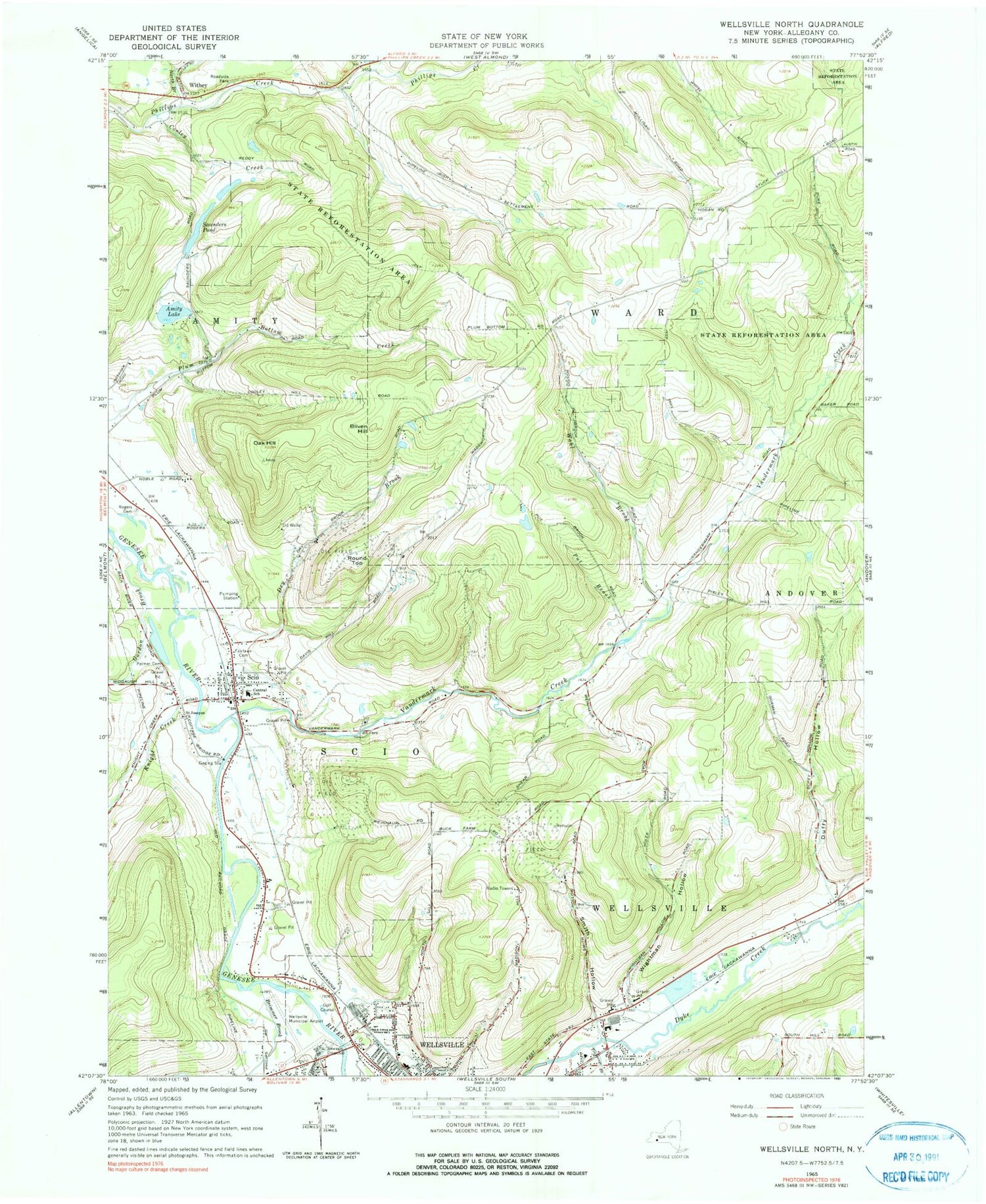 Classic USGS Wellsville North New York 7.5'x7.5' Topo Map Image