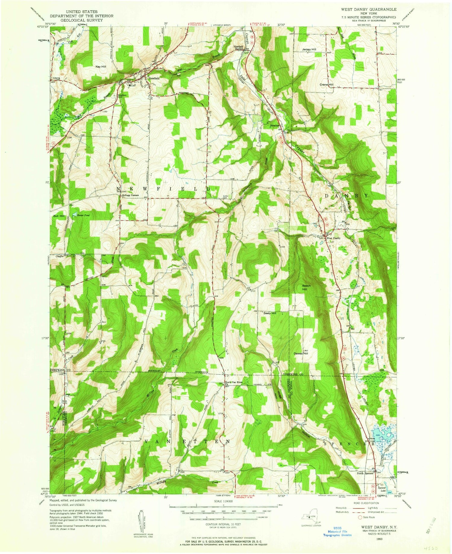 Classic USGS West Danby New York 7.5'x7.5' Topo Map Image