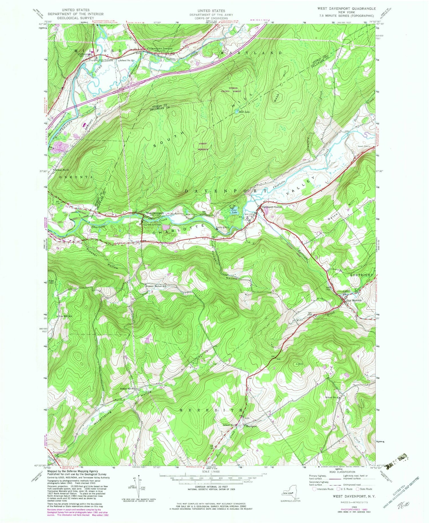 Classic USGS West Davenport New York 7.5'x7.5' Topo Map Image