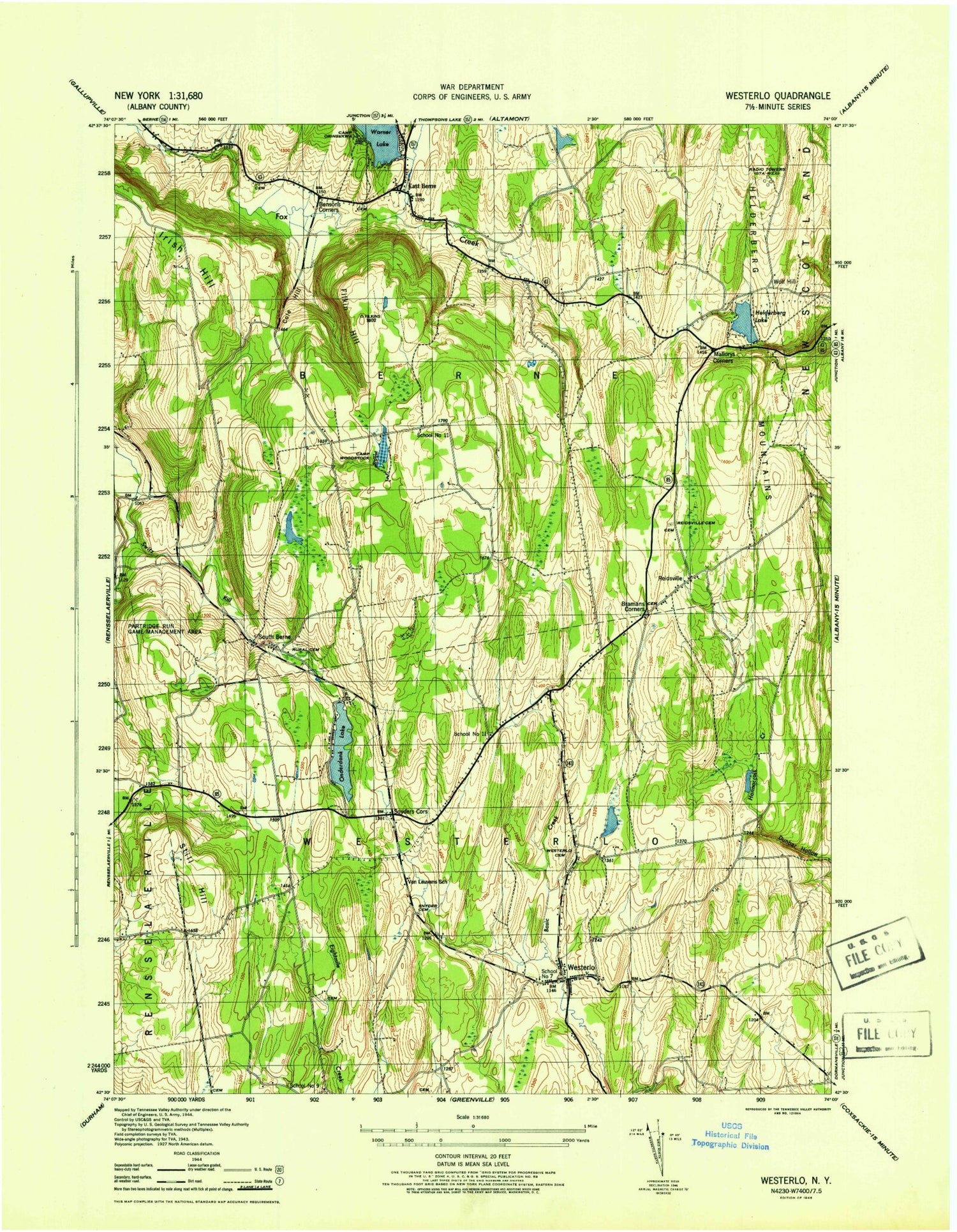 Classic USGS Westerlo New York 7.5'x7.5' Topo Map Image