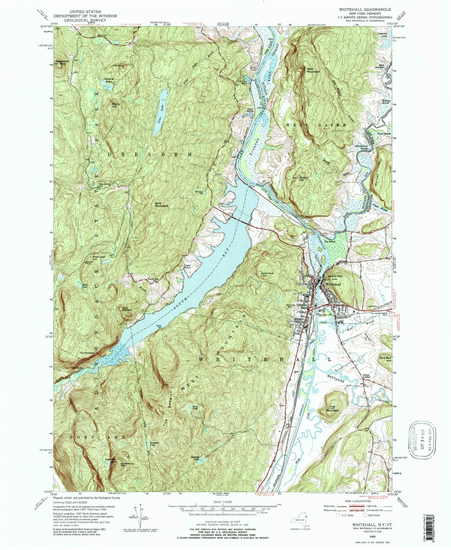 Classic USGS Whitehall New York 7.5'x7.5' Topo Map Image