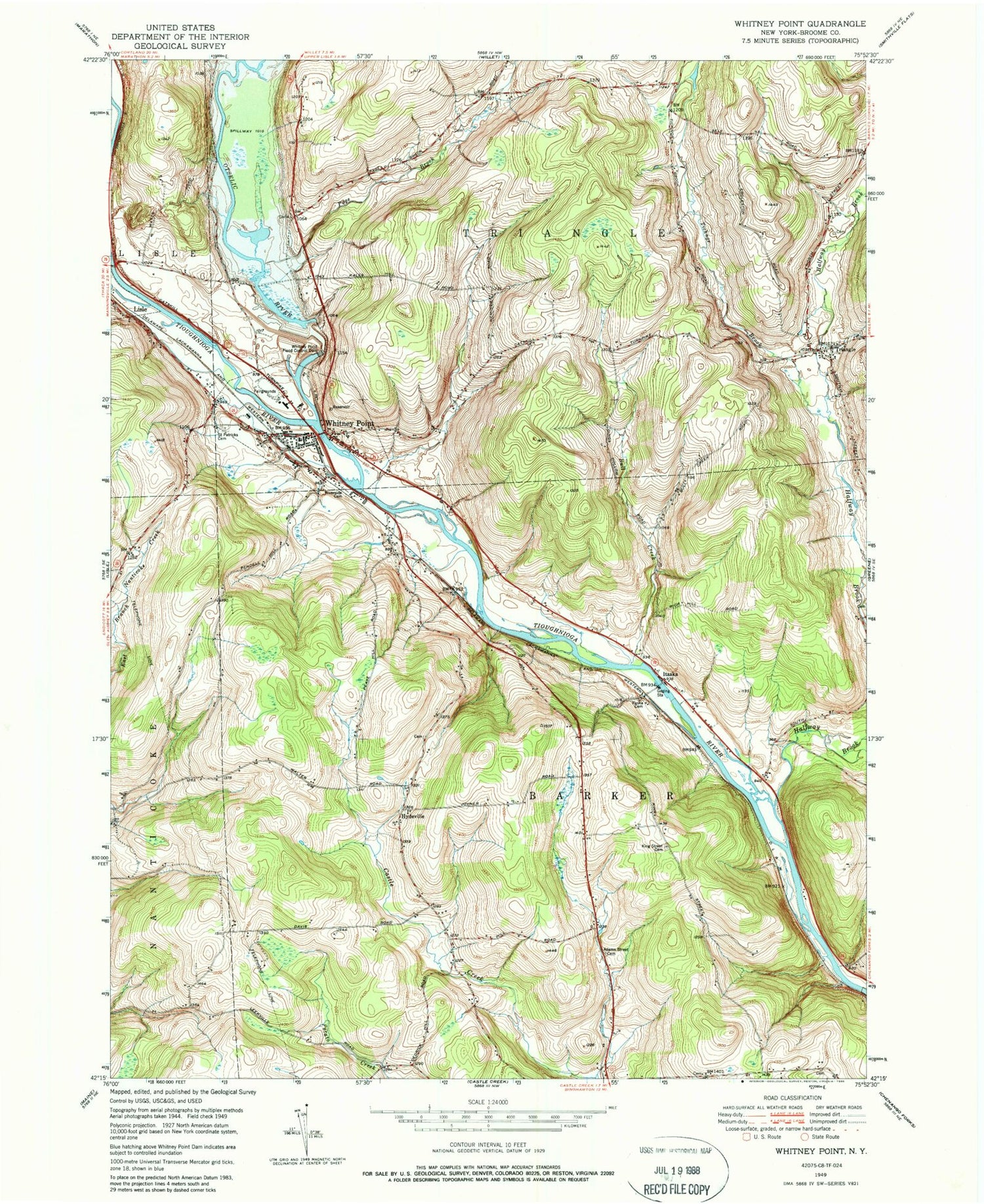 Classic USGS Whitney Point New York 7.5'x7.5' Topo Map Image