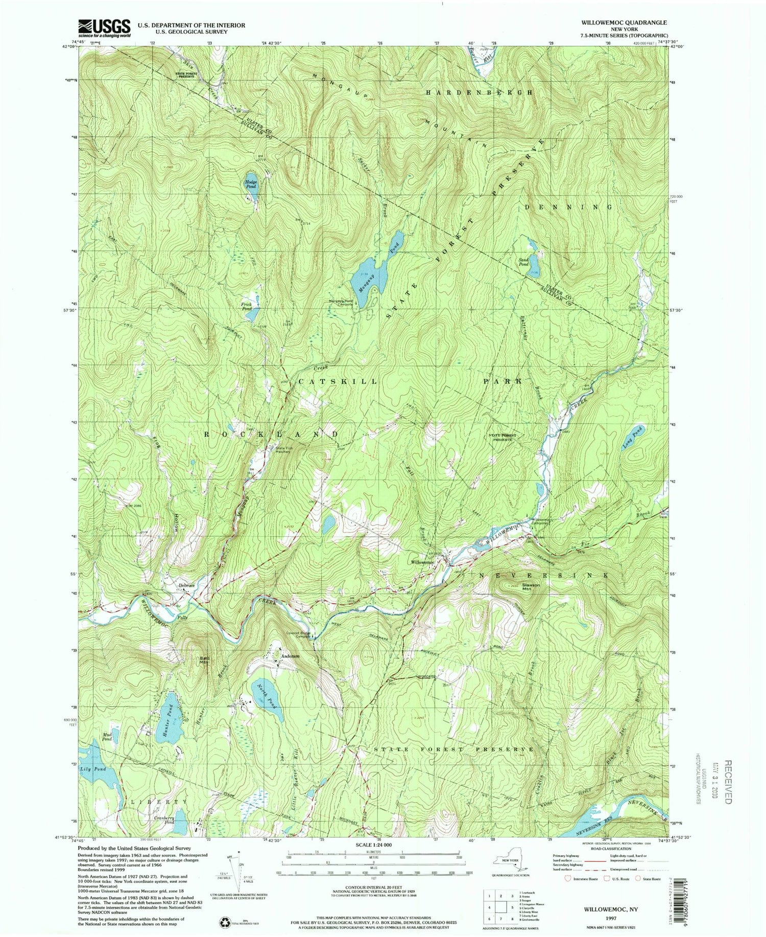 Classic USGS Willowemoc New York 7.5'x7.5' Topo Map Image