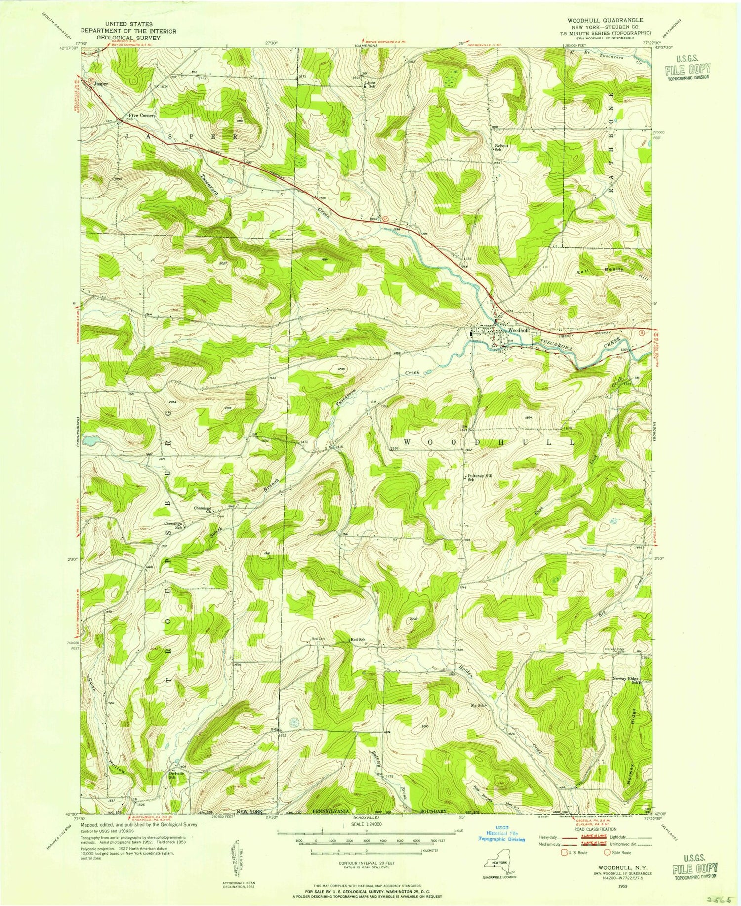 Classic USGS Woodhull New York 7.5'x7.5' Topo Map Image