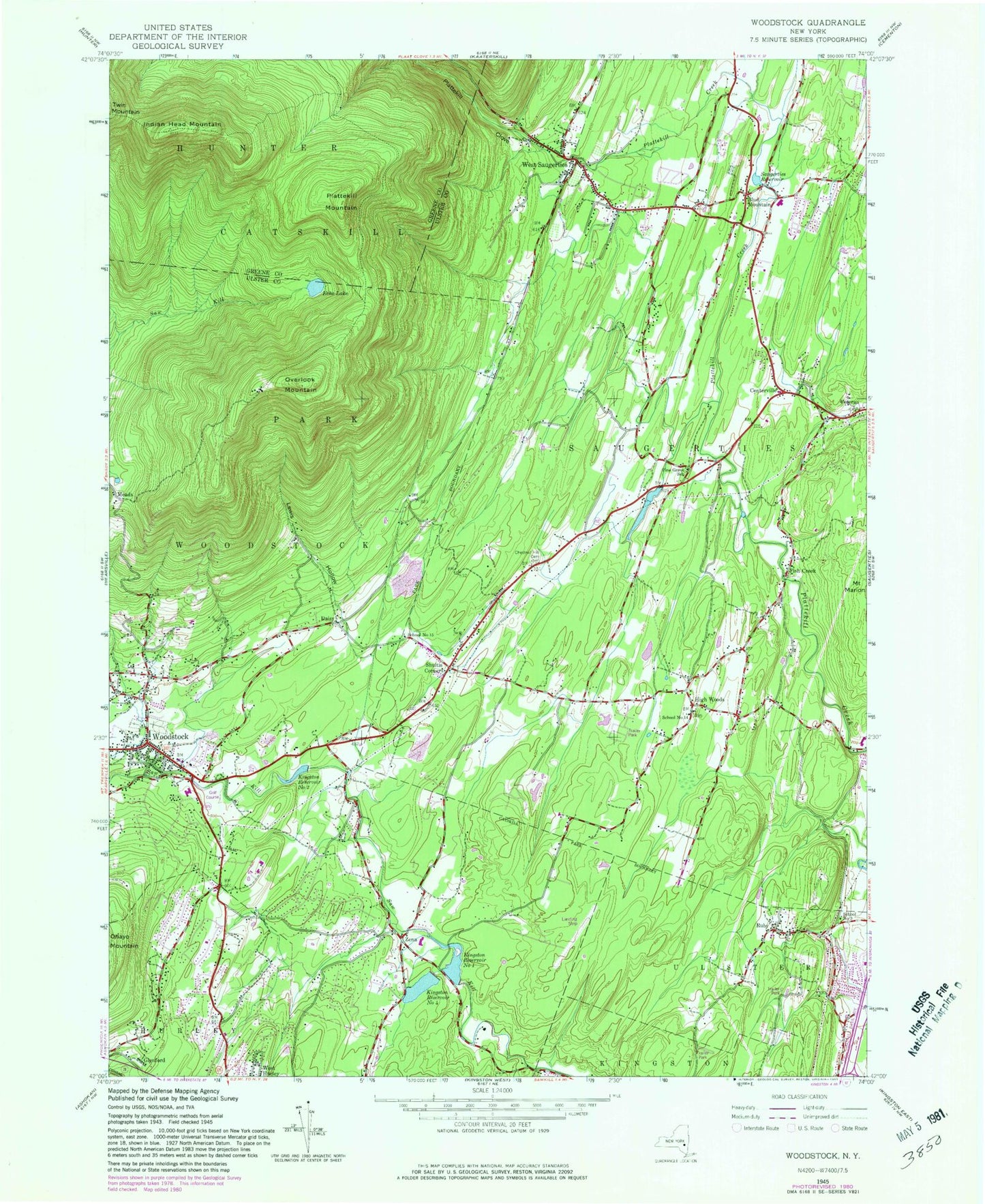 Classic USGS Woodstock New York 7.5'x7.5' Topo Map Image