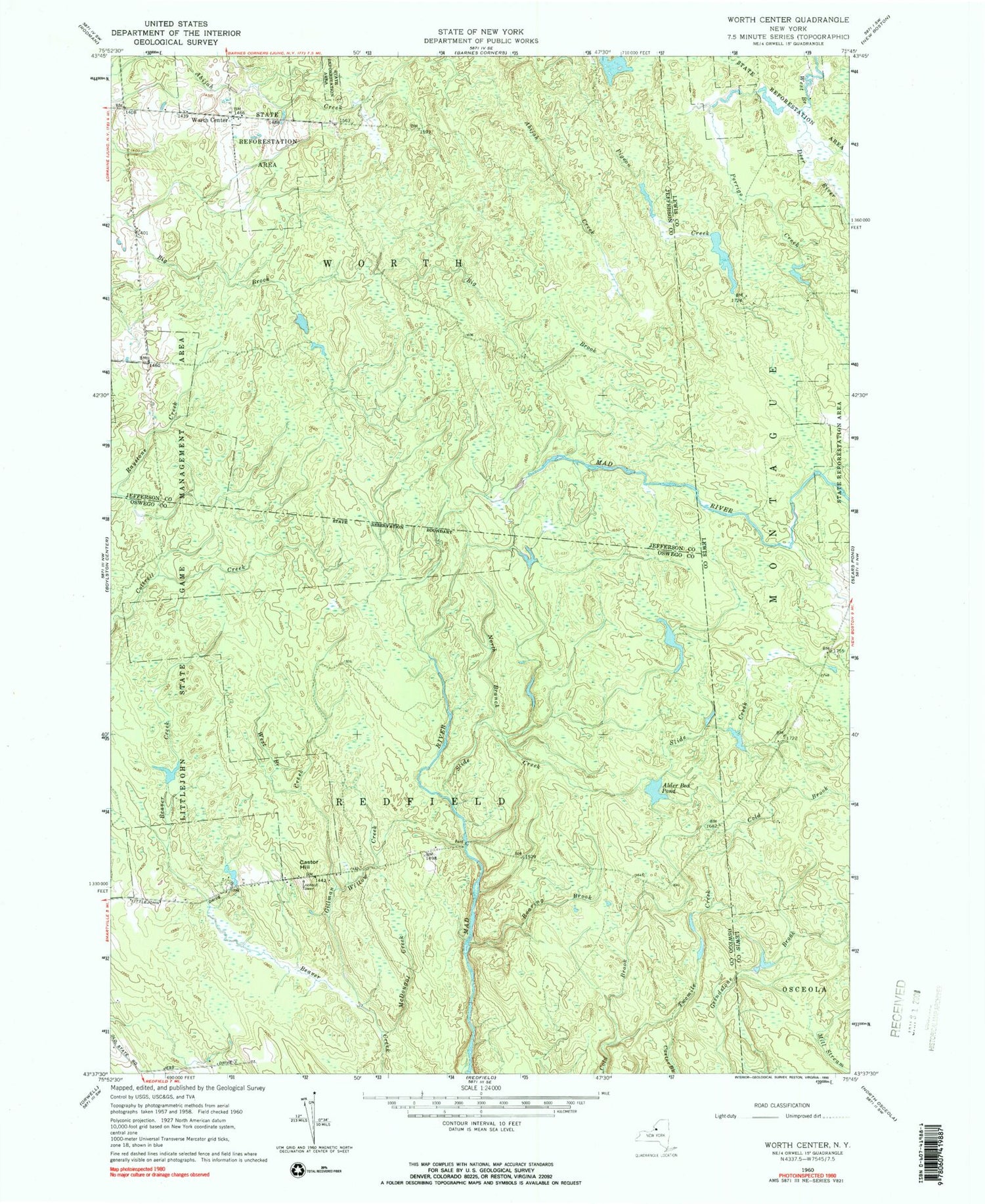 Classic USGS Worth Center New York 7.5'x7.5' Topo Map Image