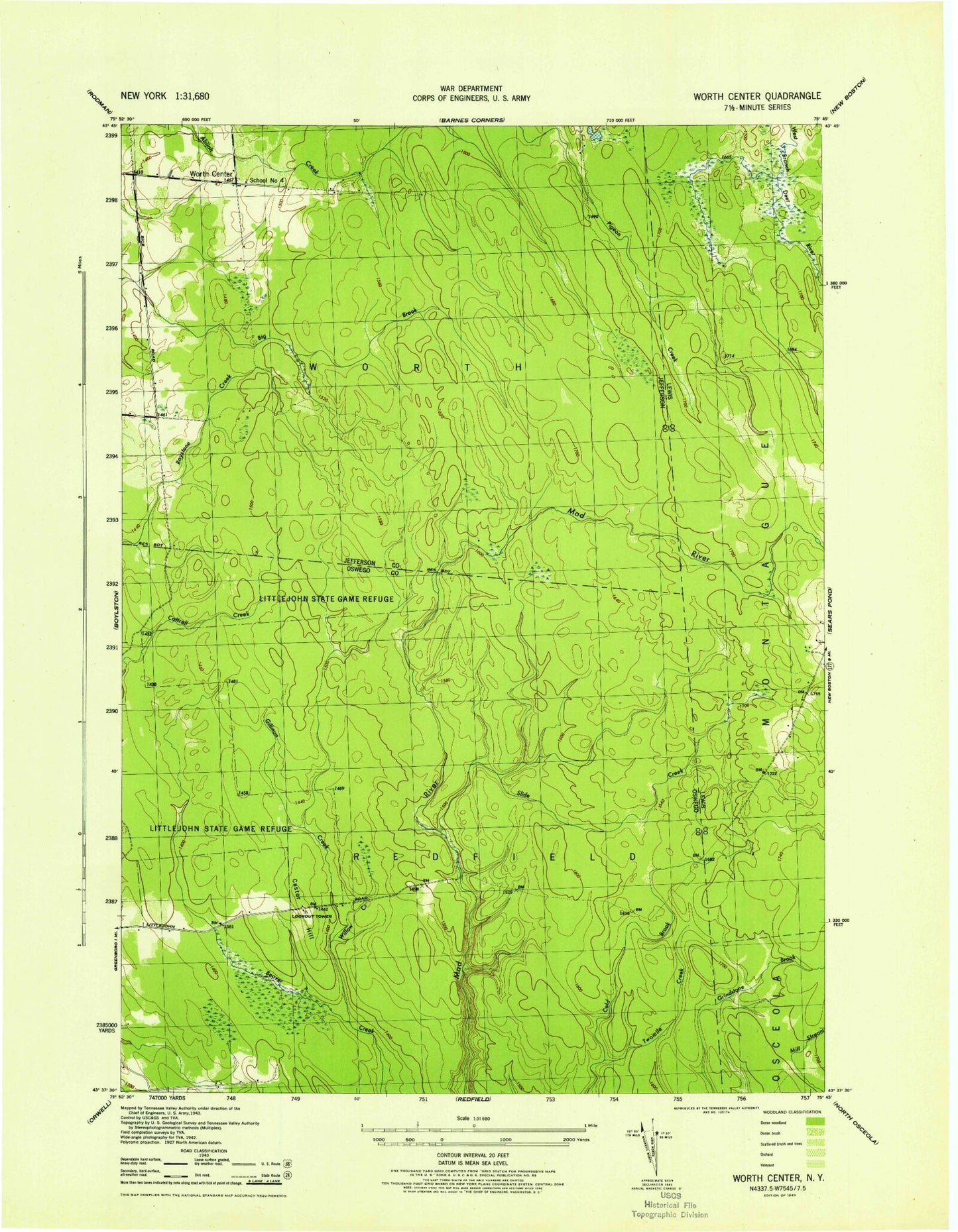 Classic USGS Worth Center New York 7.5'x7.5' Topo Map Image