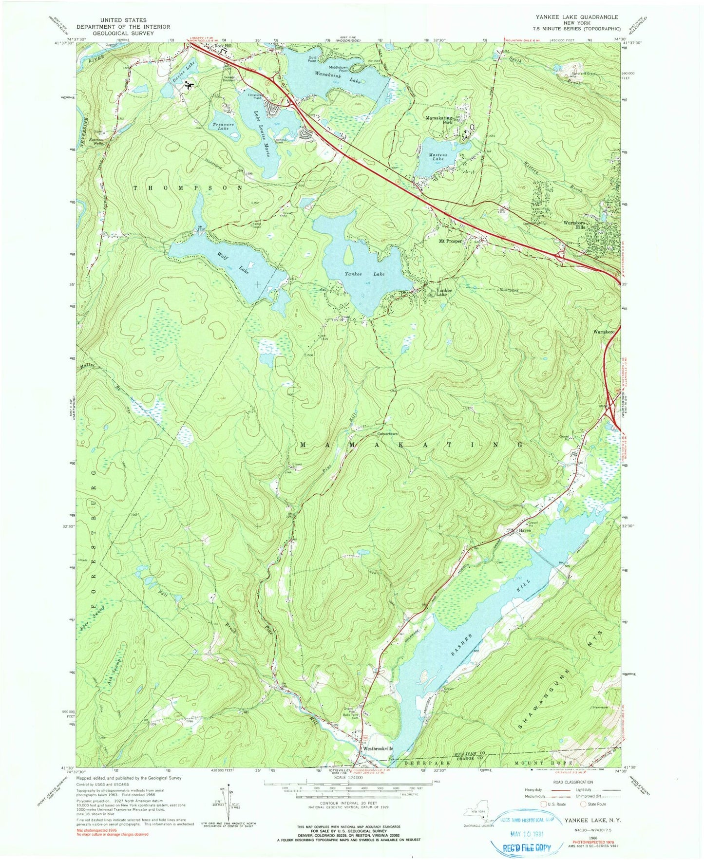 Classic USGS Yankee Lake New York 7.5'x7.5' Topo Map Image