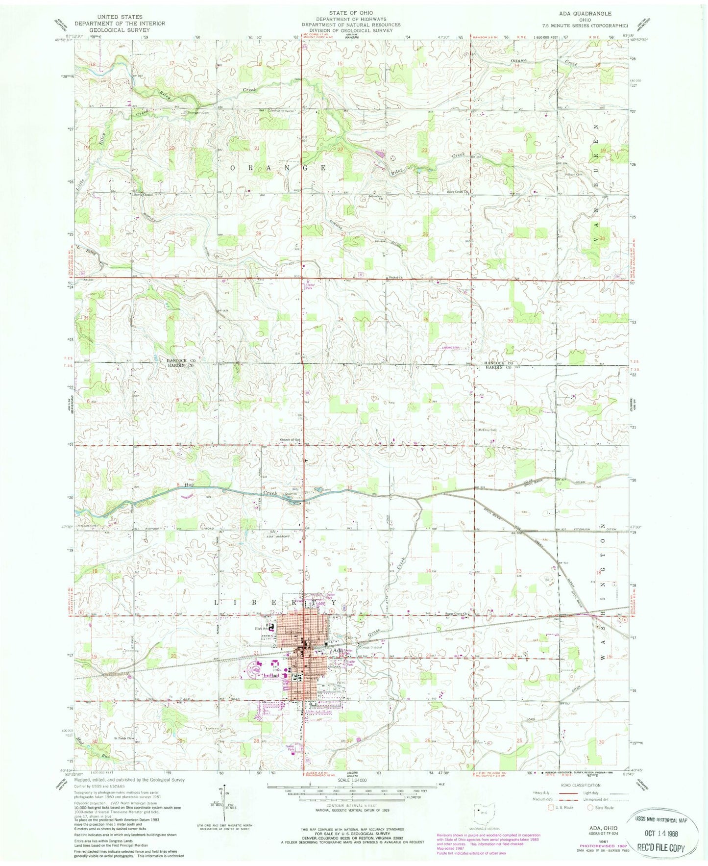 Classic USGS Ada Ohio 7.5'x7.5' Topo Map Image
