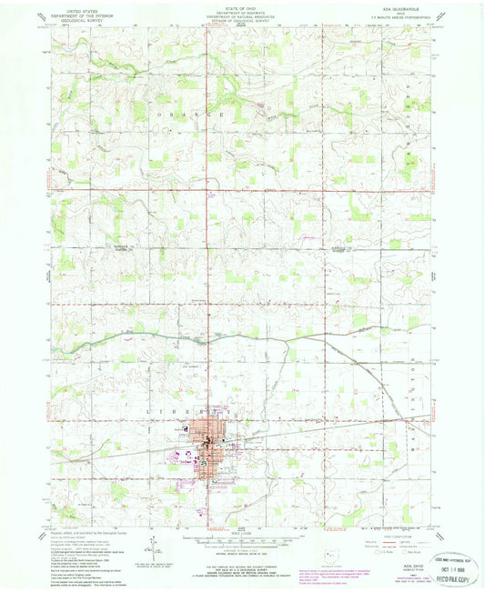 Classic USGS Ada Ohio 7.5'x7.5' Topo Map Image