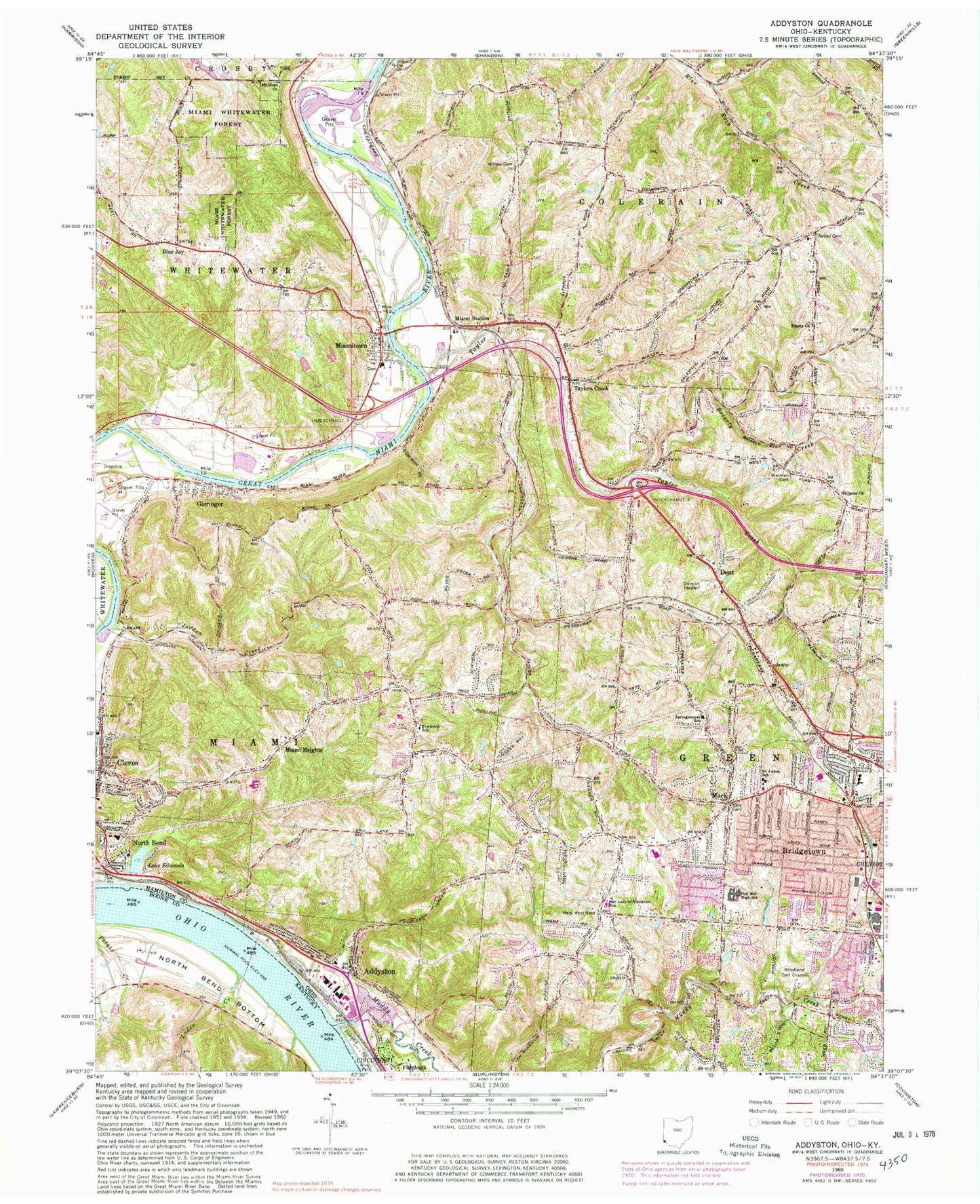 Classic USGS Addyston Ohio 7.5'x7.5' Topo Map Image
