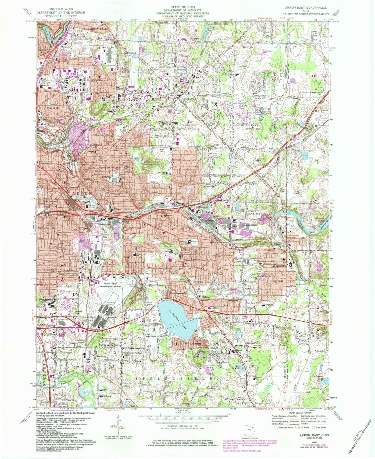 Classic USGS Akron East Ohio 7.5'x7.5' Topo Map Image