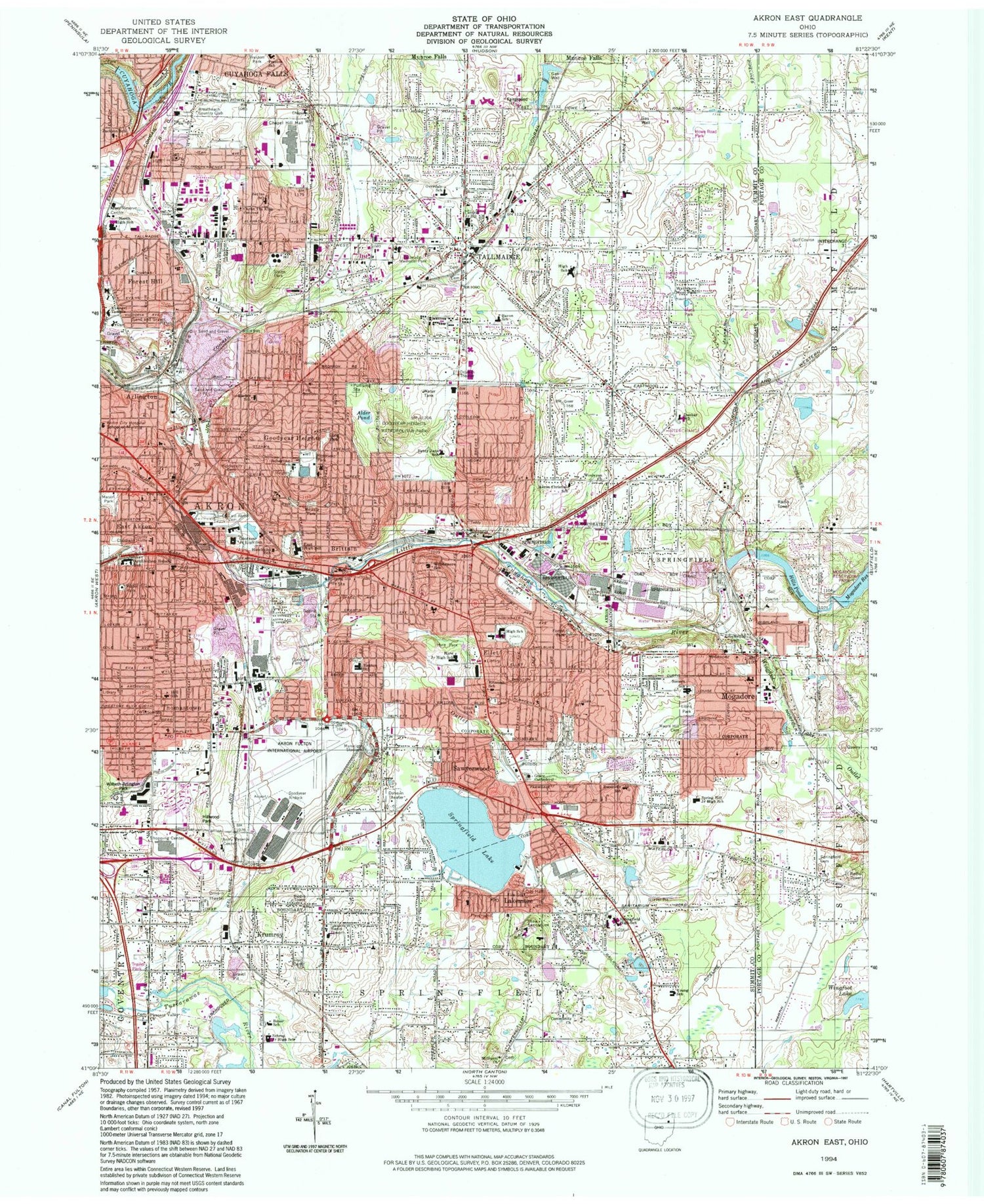 Classic USGS Akron East Ohio 7.5'x7.5' Topo Map Image