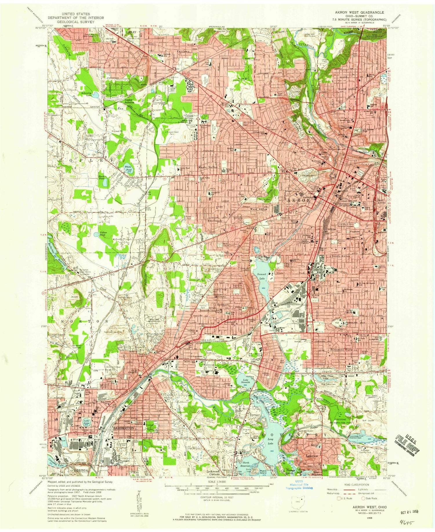 Classic USGS Akron West Ohio 7.5'x7.5' Topo Map Image
