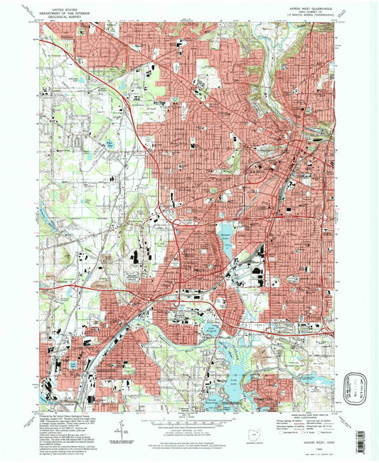 Classic USGS Akron West Ohio 7.5'x7.5' Topo Map Image