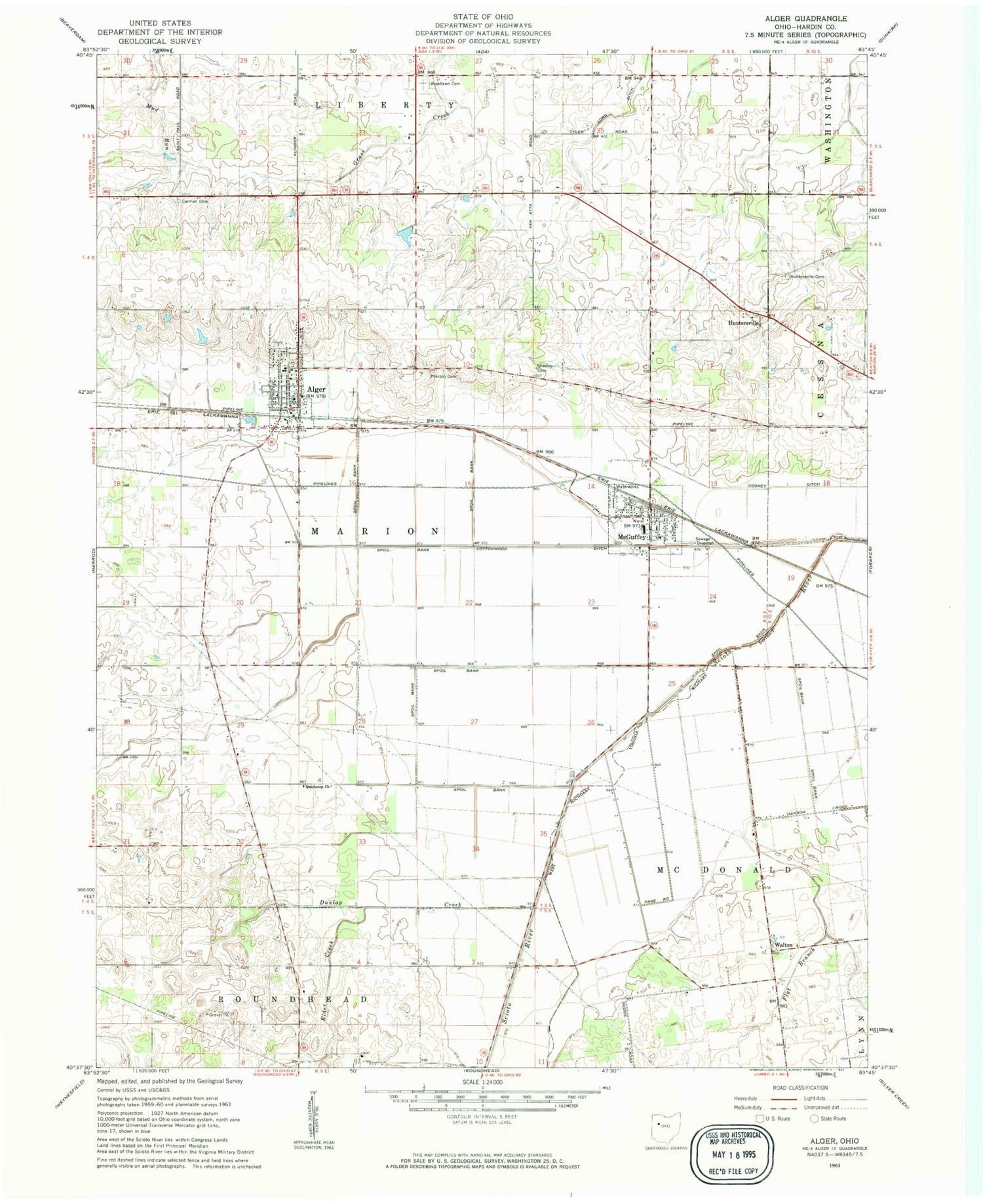 Classic USGS Alger Ohio 7.5'x7.5' Topo Map Image