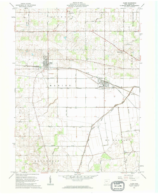 Classic USGS Alger Ohio 7.5'x7.5' Topo Map Image