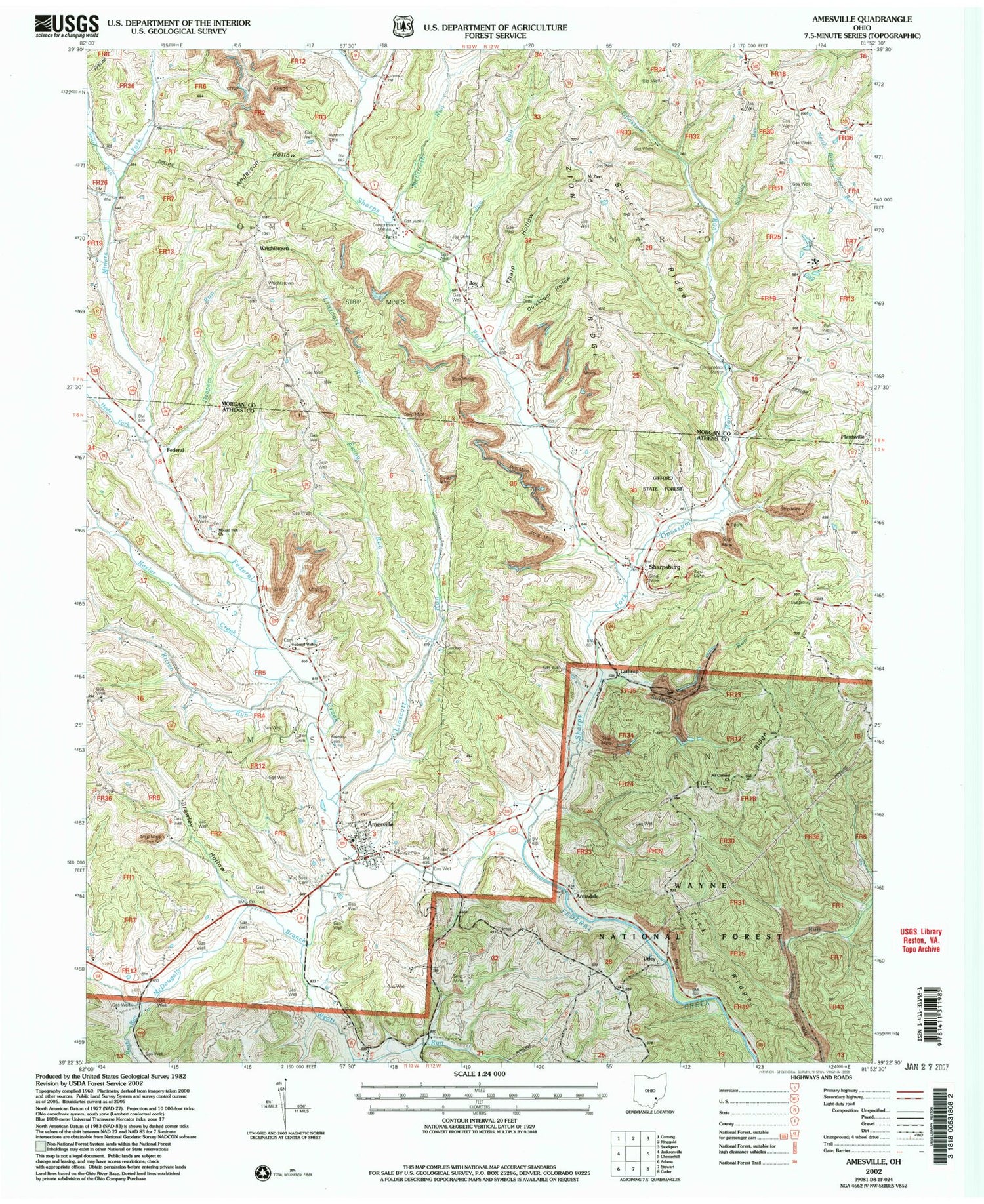 Classic USGS Amesville Ohio 7.5'x7.5' Topo Map Image