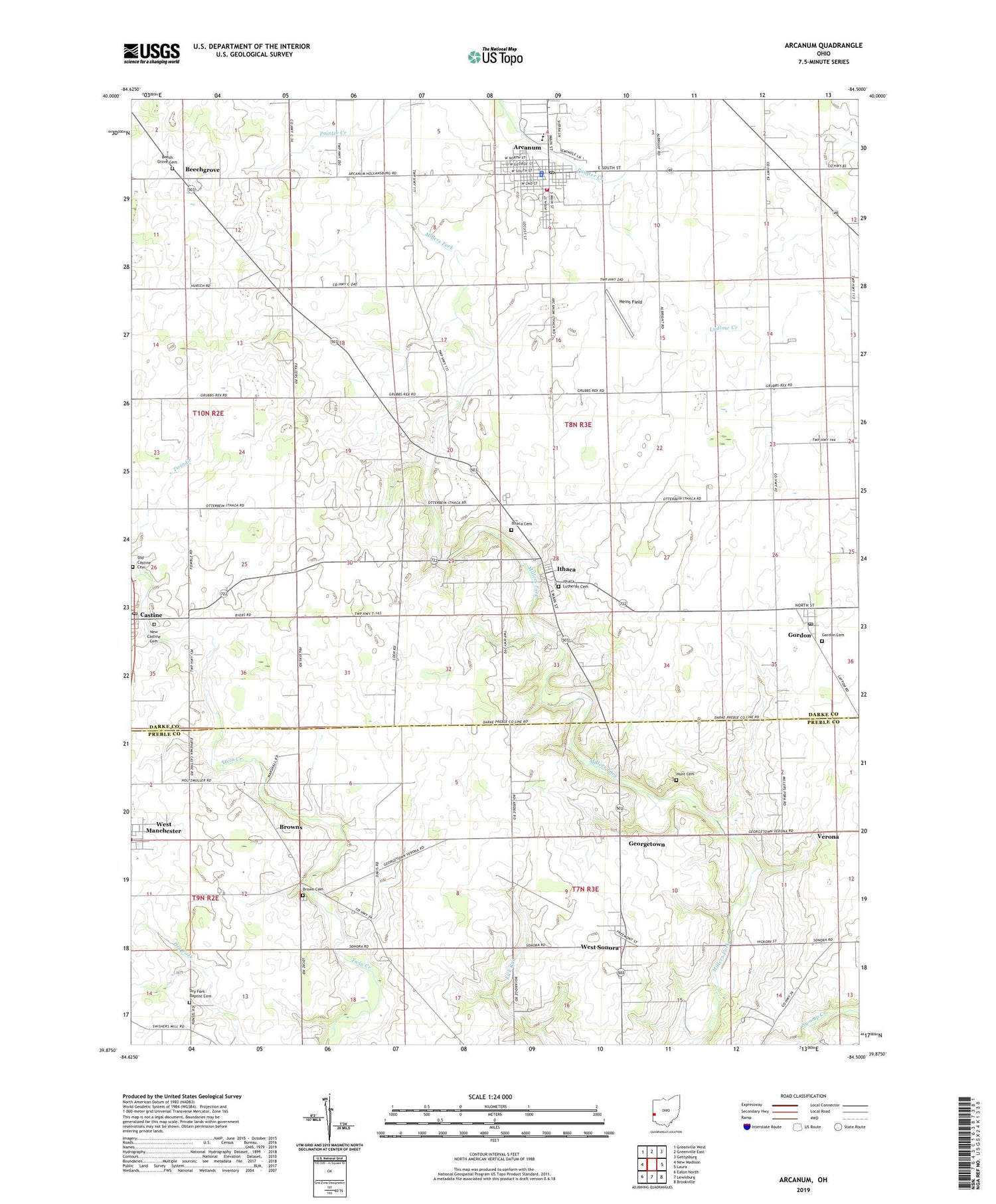 Arcanum Ohio US Topo Map Image