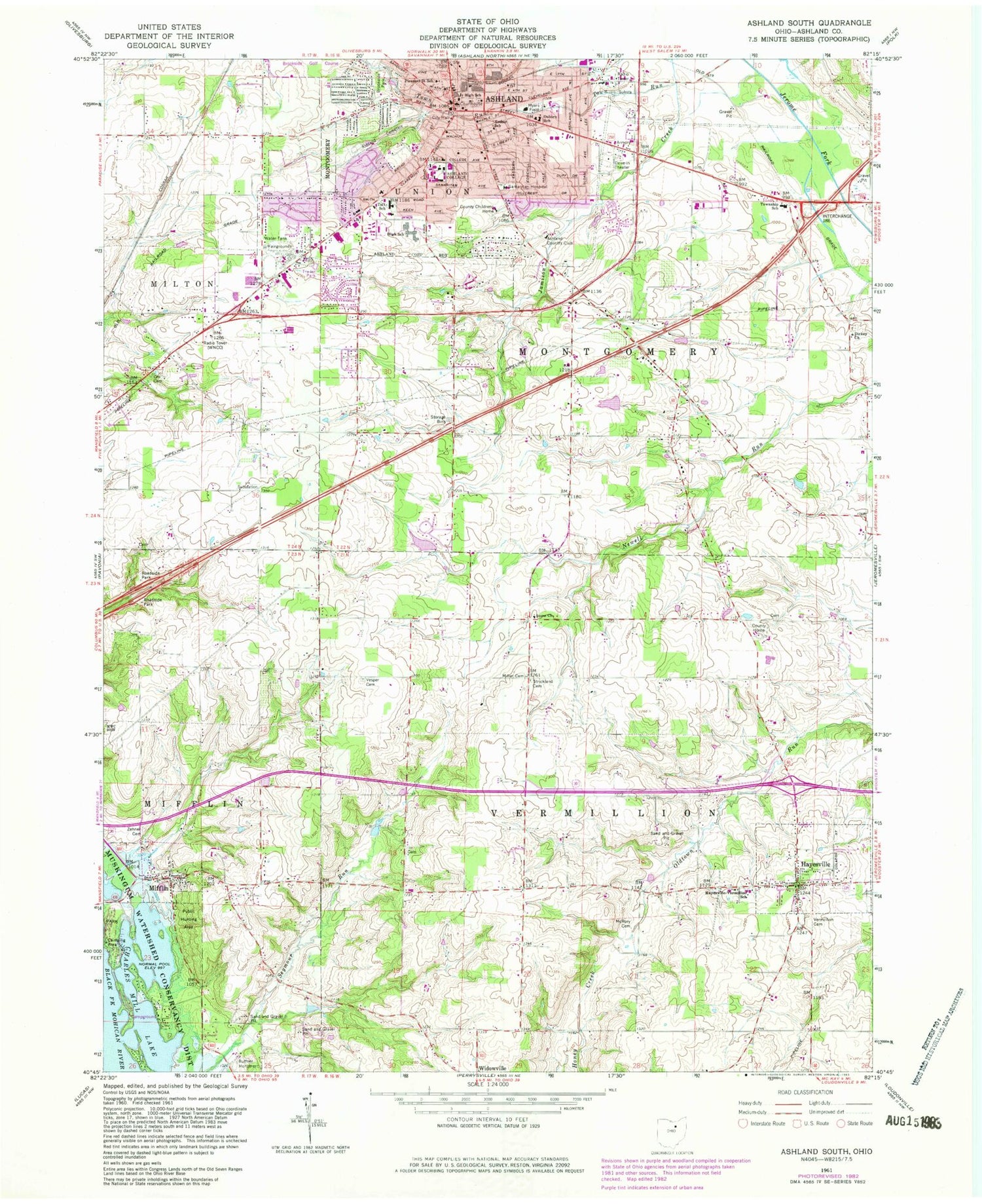 Classic USGS Ashland South Ohio 7.5'x7.5' Topo Map Image