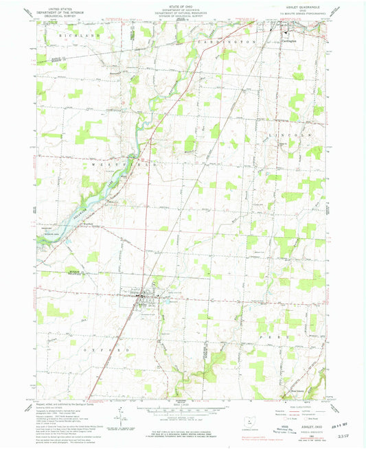 Classic USGS Ashley Ohio 7.5'x7.5' Topo Map Image