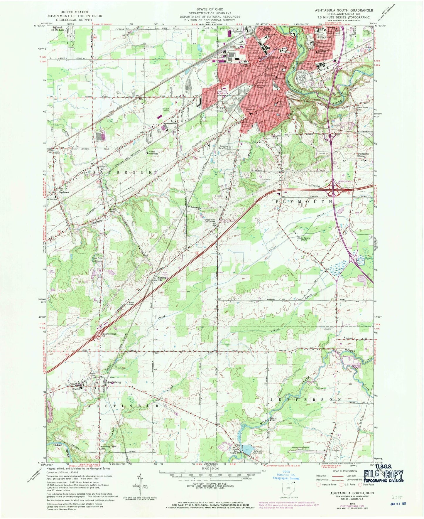 Classic USGS Ashtabula South Ohio 7.5'x7.5' Topo Map Image