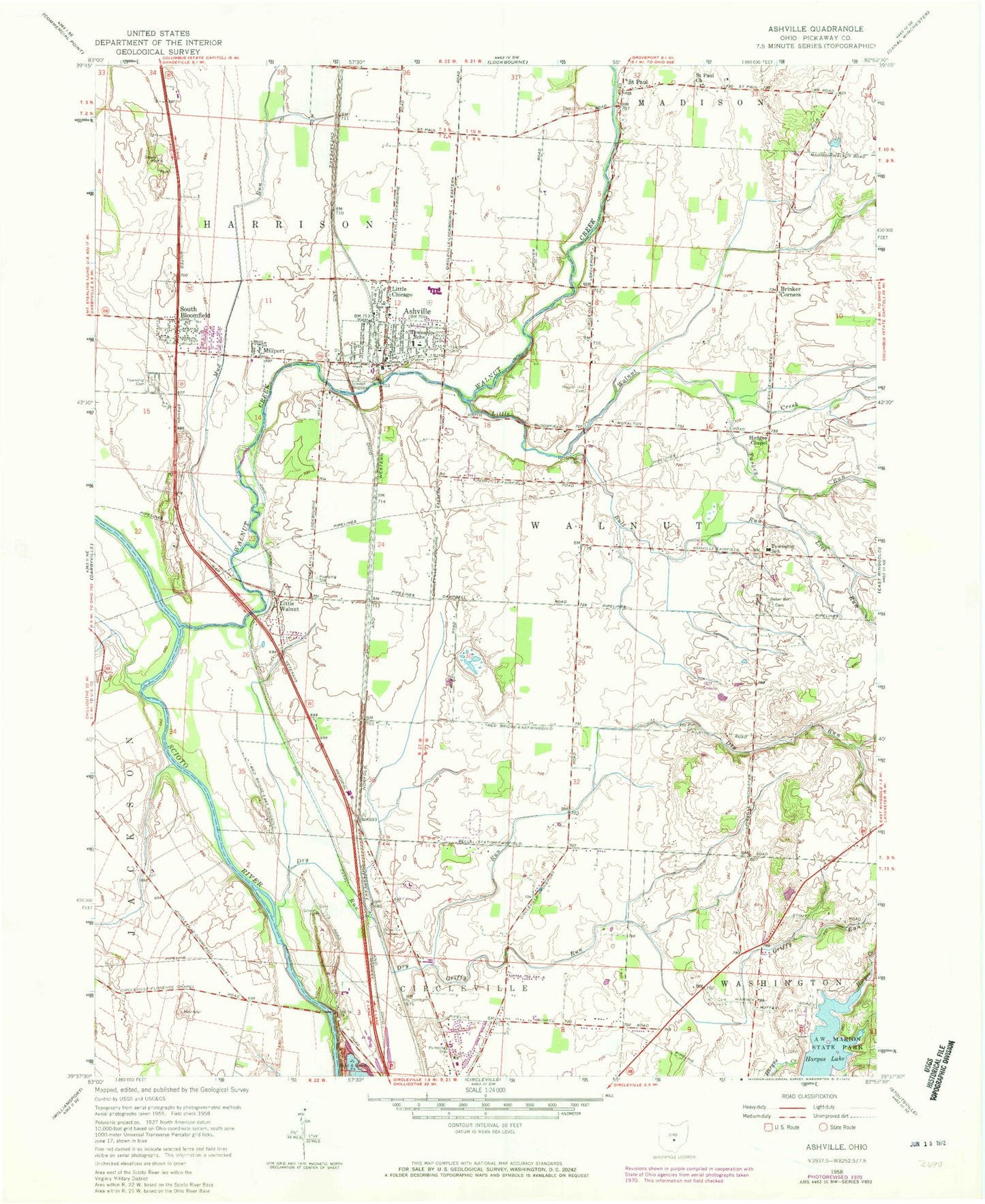 Classic USGS Ashville Ohio 7.5'x7.5' Topo Map Image