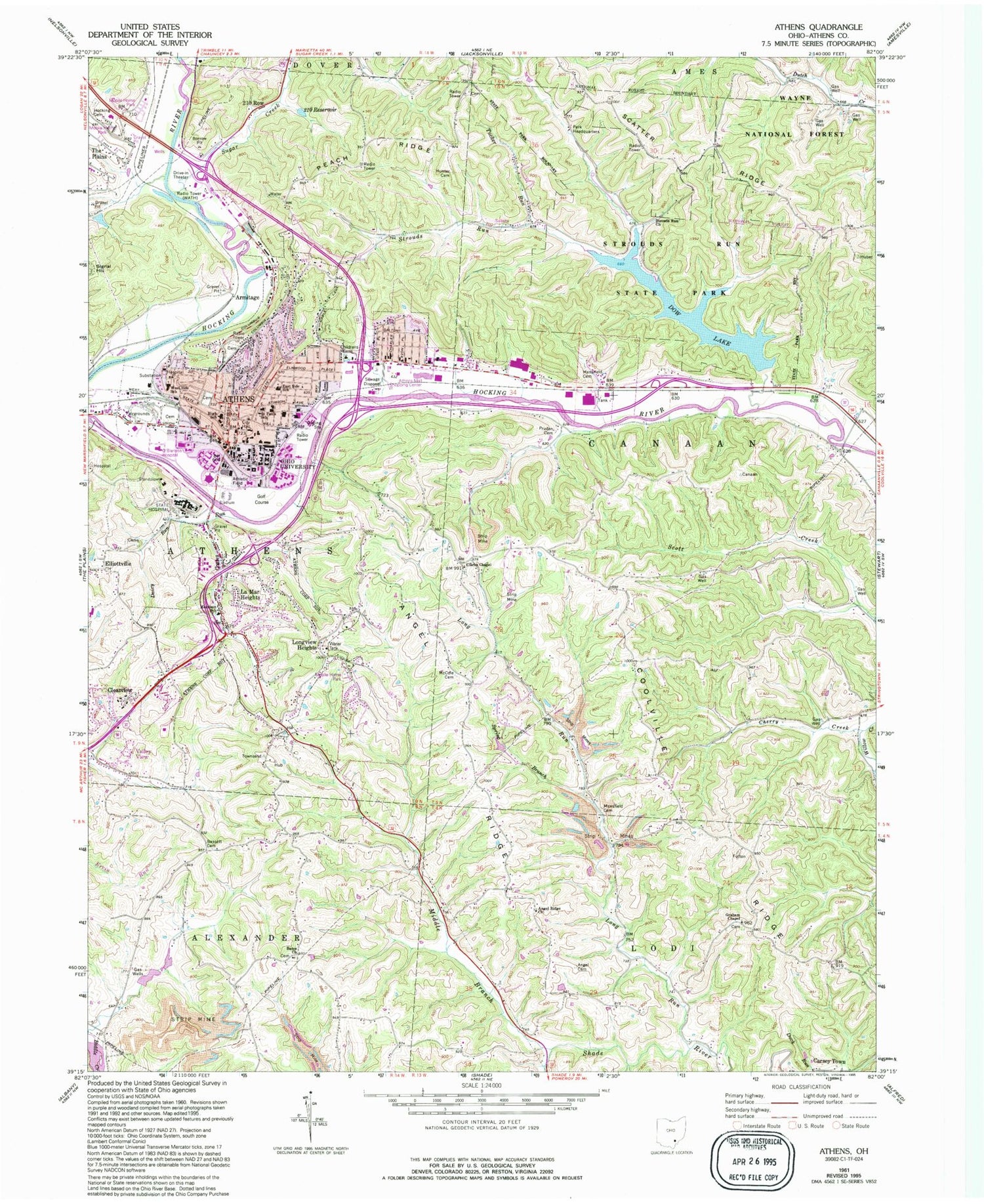 Classic USGS Athens Ohio 7.5'x7.5' Topo Map Image