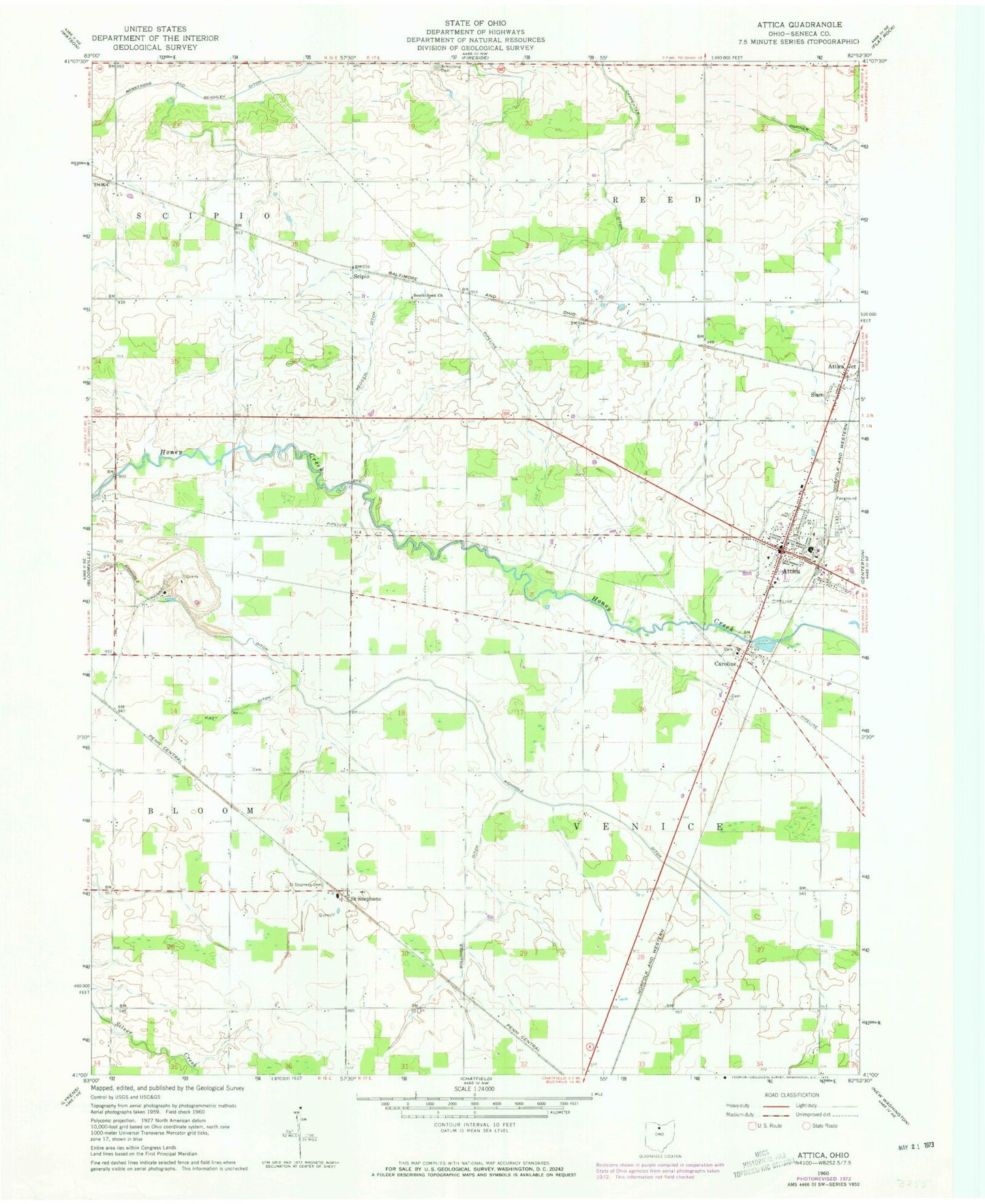 Classic USGS Attica Ohio 7.5'x7.5' Topo Map Image