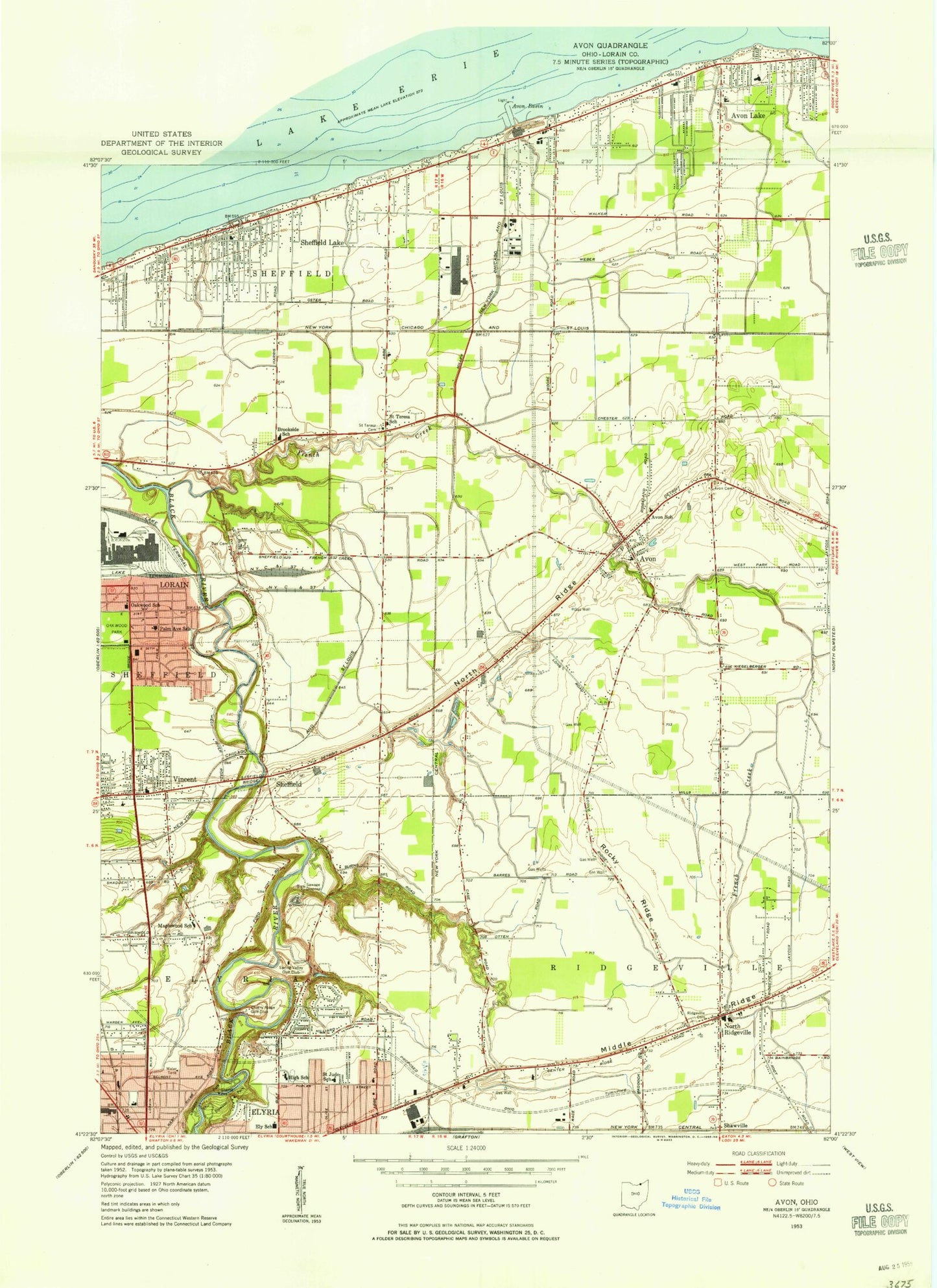 Classic USGS Avon Ohio 7.5'x7.5' Topo Map Image