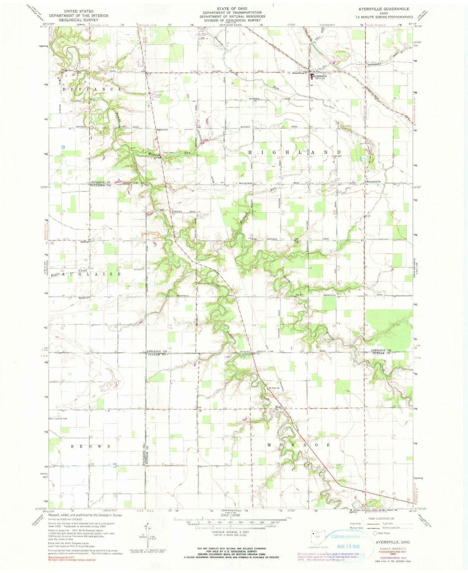 Classic USGS Ayersville Ohio 7.5'x7.5' Topo Map Image