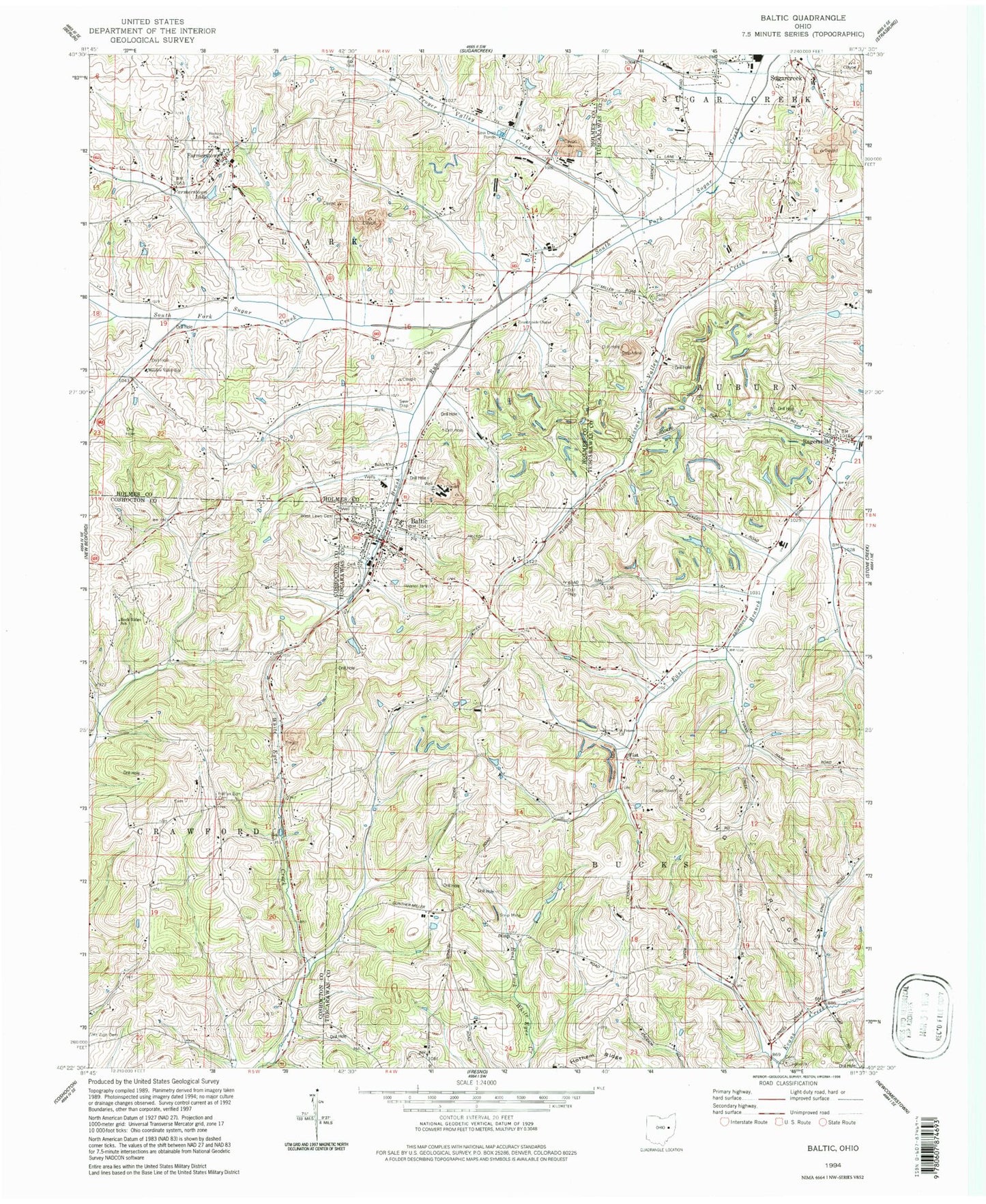 Classic USGS Baltic Ohio 7.5'x7.5' Topo Map Image