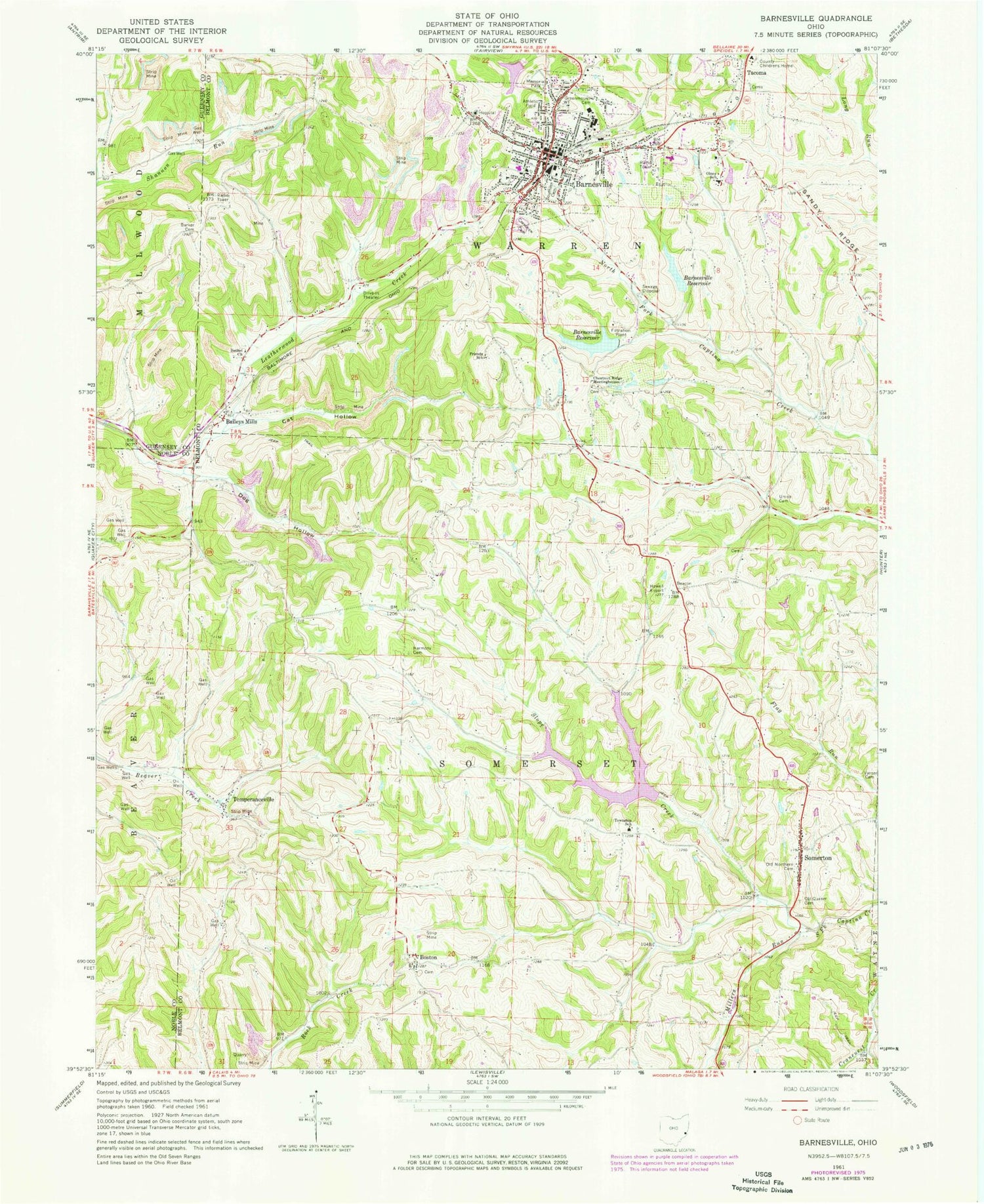 Classic USGS Barnesville Ohio 7.5'x7.5' Topo Map Image