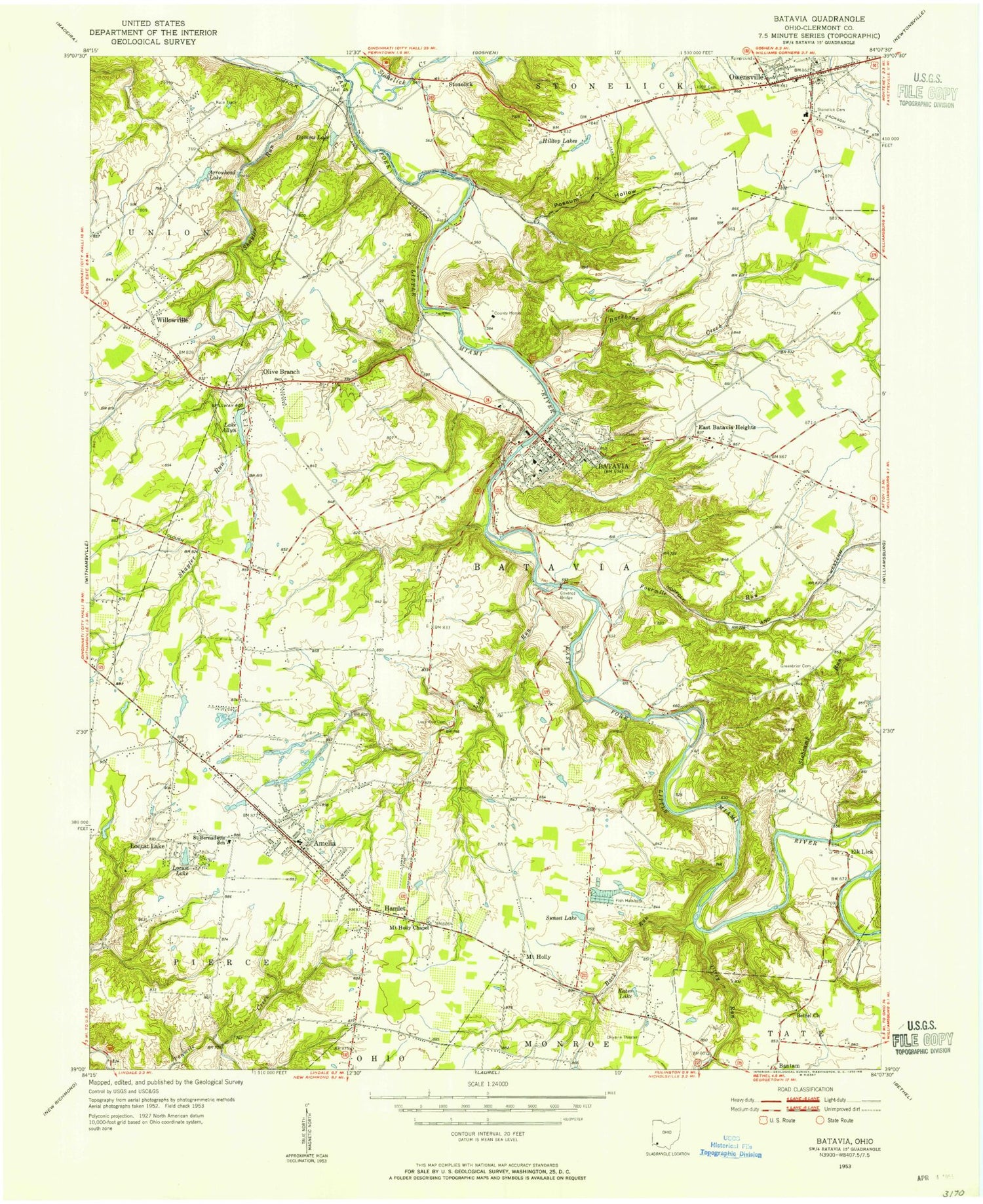 Classic USGS Batavia Ohio 7.5'x7.5' Topo Map Image