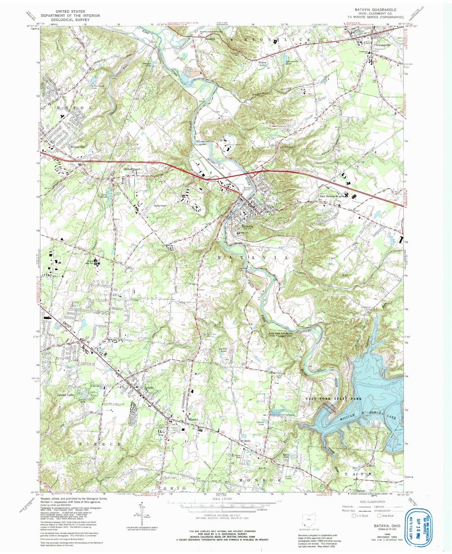 Classic USGS Batavia Ohio 7.5'x7.5' Topo Map Image