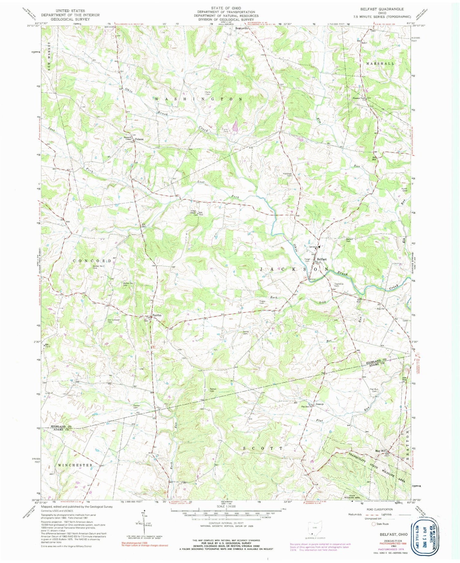 Classic USGS Belfast Ohio 7.5'x7.5' Topo Map Image