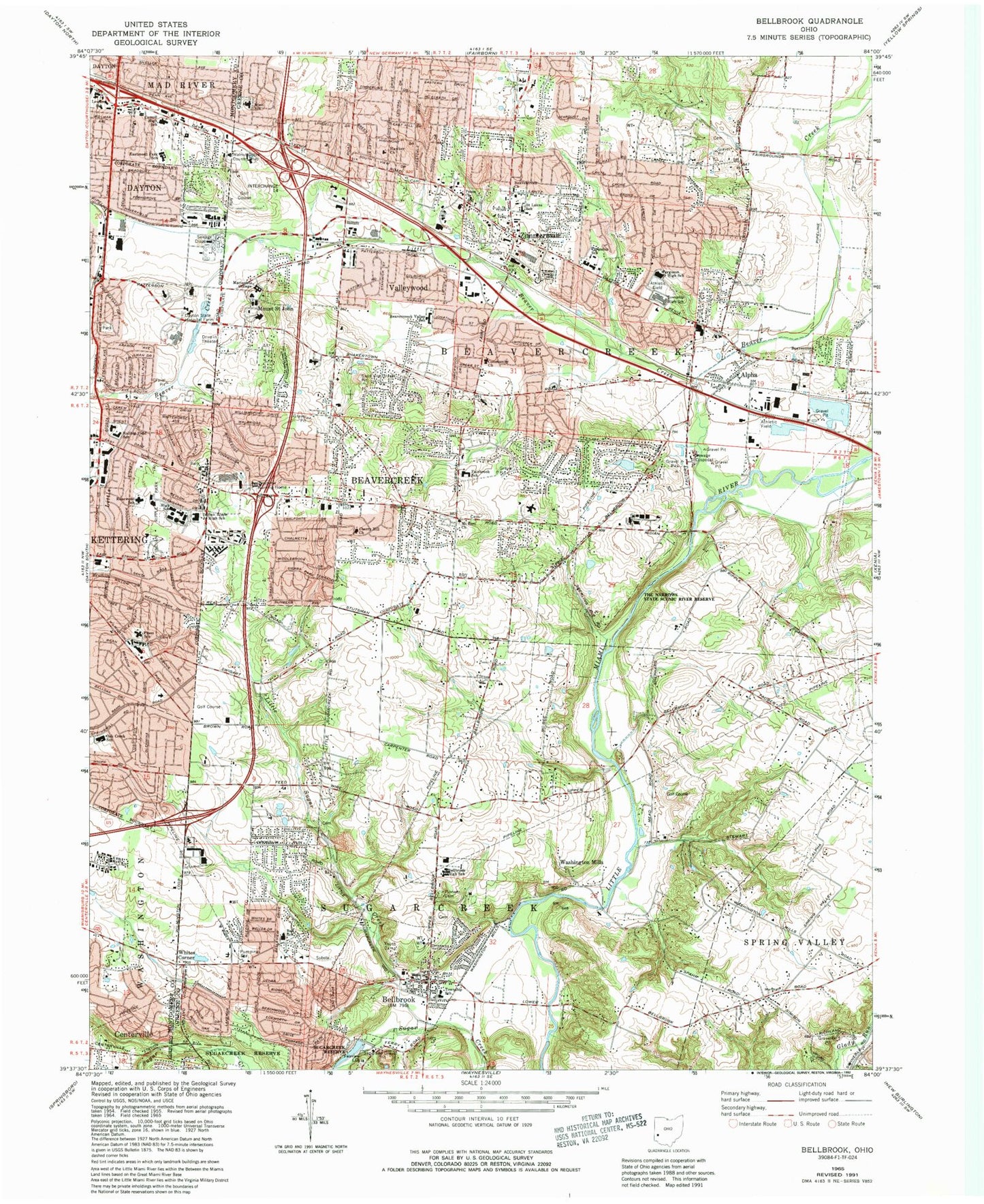 Classic USGS Bellbrook Ohio 7.5'x7.5' Topo Map Image