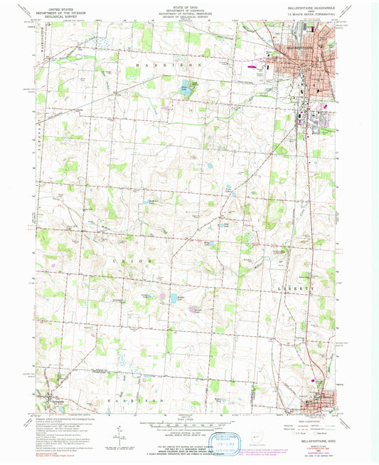 Classic USGS Bellefontaine Ohio 7.5'x7.5' Topo Map Image