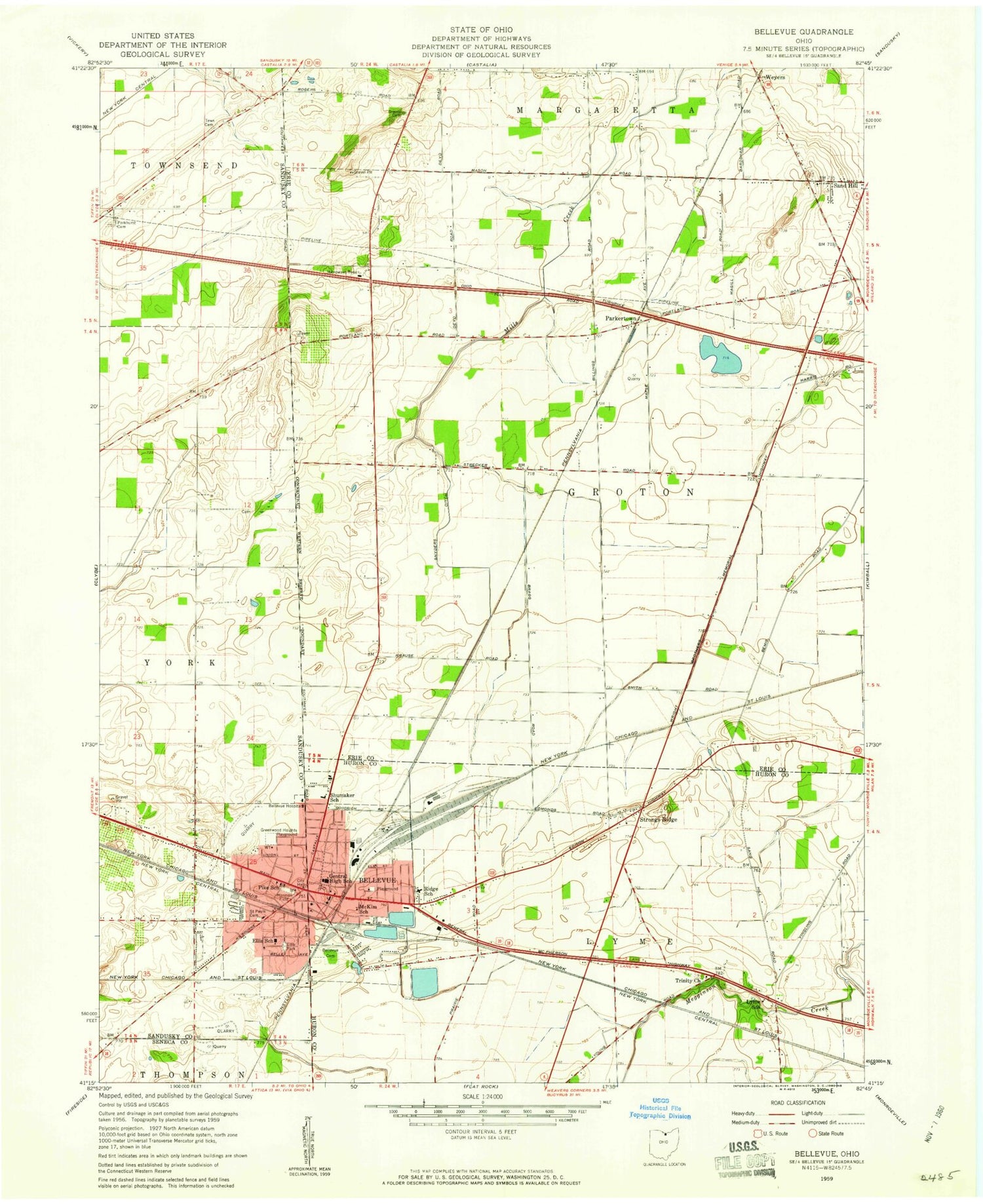 Classic USGS Bellevue Ohio 7.5'x7.5' Topo Map Image