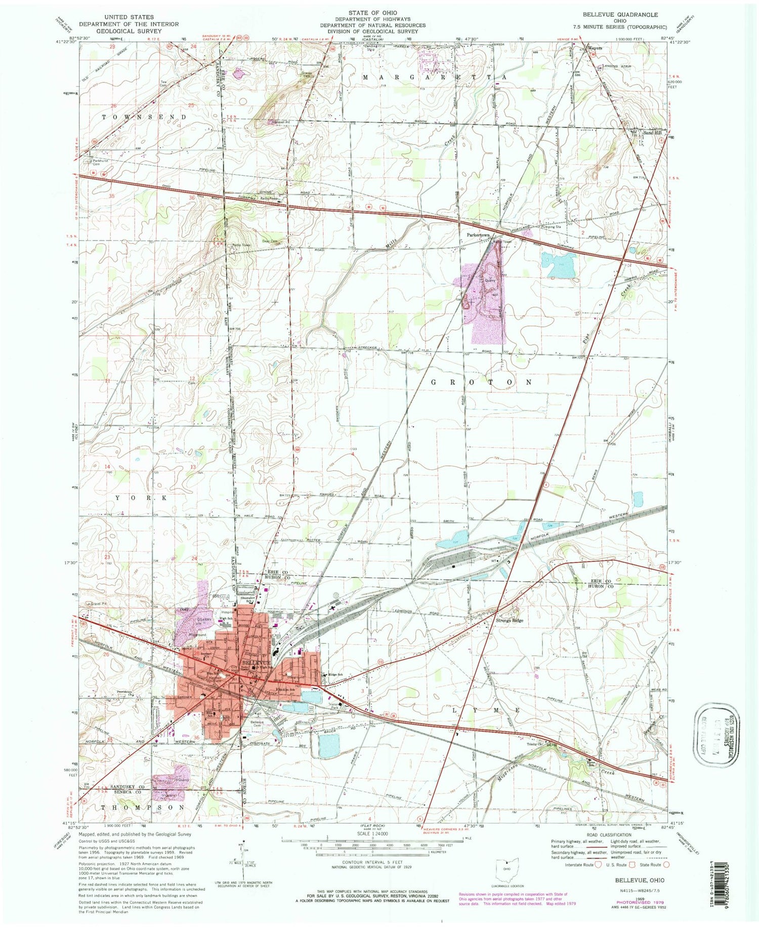 Classic USGS Bellevue Ohio 7.5'x7.5' Topo Map Image