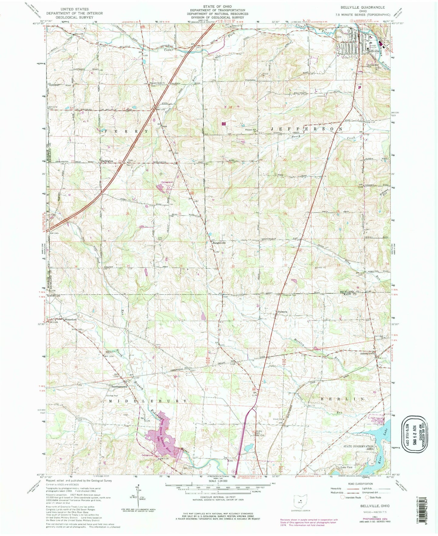 Classic USGS Bellville Ohio 7.5'x7.5' Topo Map Image