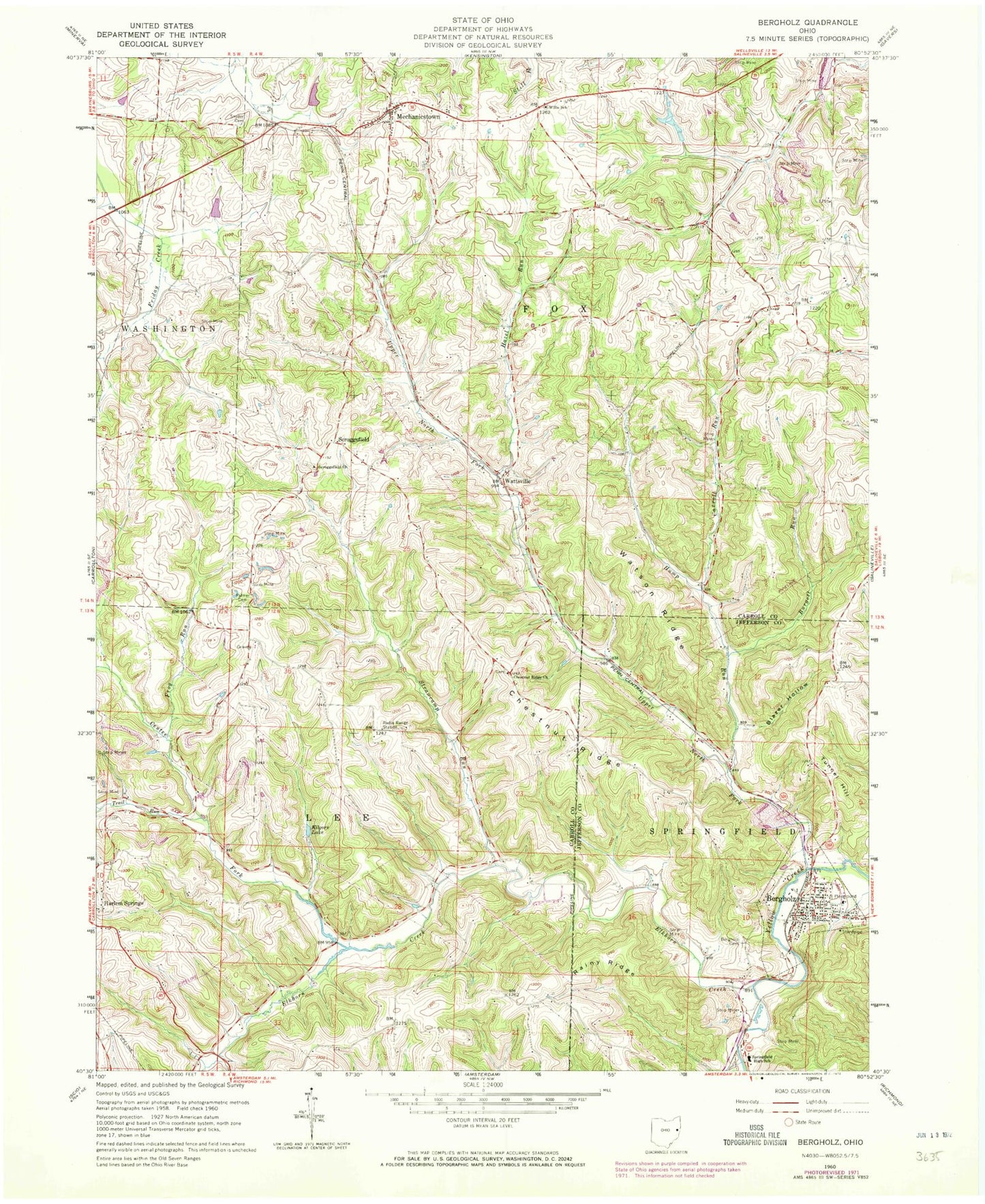 Classic USGS Bergholz Ohio 7.5'x7.5' Topo Map Image