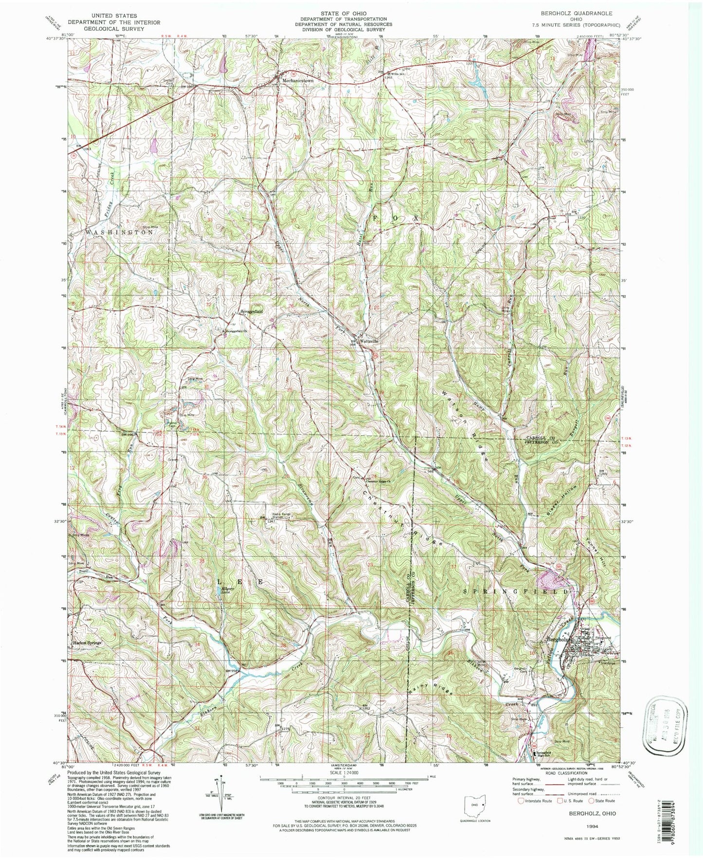 Classic USGS Bergholz Ohio 7.5'x7.5' Topo Map Image