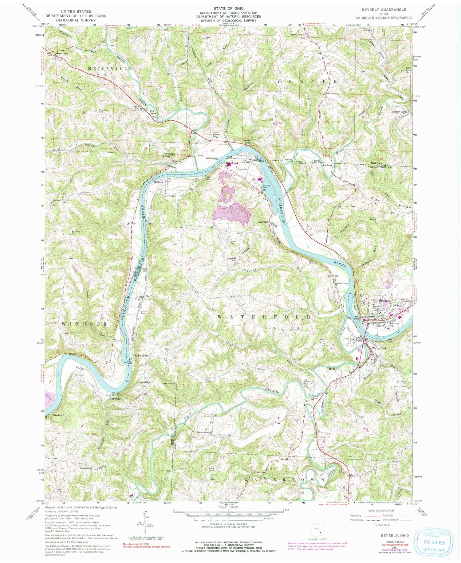 Classic USGS Beverly Ohio 7.5'x7.5' Topo Map Image