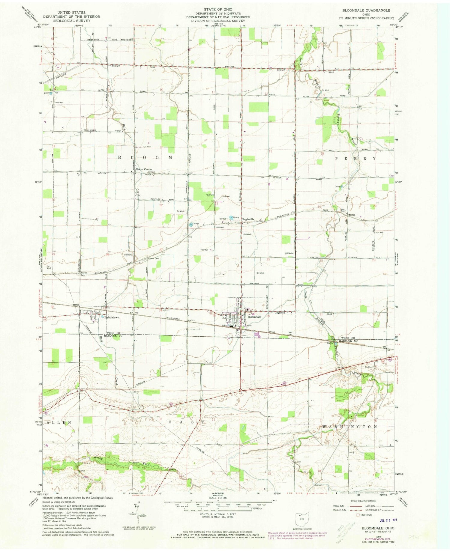 Classic USGS Bloomdale Ohio 7.5'x7.5' Topo Map Image