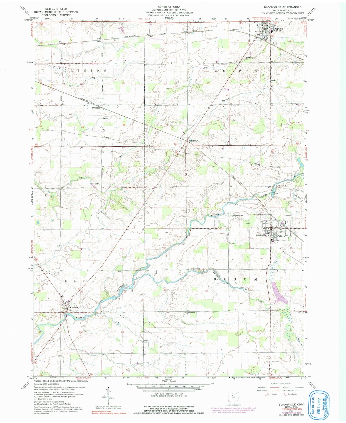 Classic USGS Bloomville Ohio 7.5'x7.5' Topo Map Image